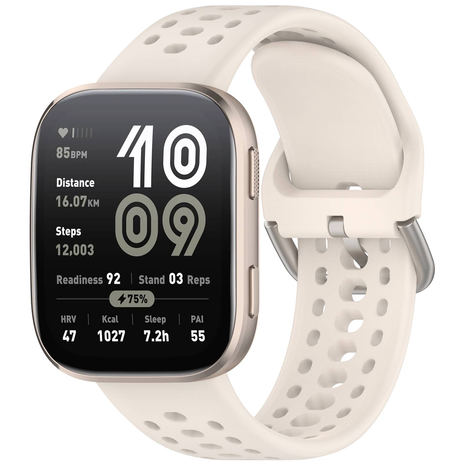 Beigefarbige Smartwatch mit perforiertem Sportarmband, die Fitness-Statistiken anzeigt: 85 BPM, 16,07 km Entfernung, 12.003 Schritte, 75% Akku, Schlaf- und HRV-Metriken.