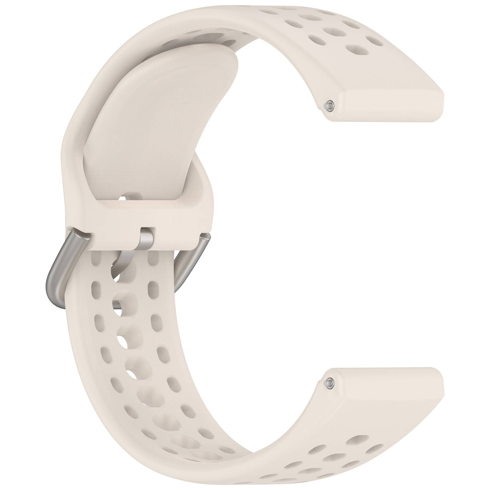 Beige perforiertes Smartwatch-Armband mit geschwungenem offenem Design und Metallverschluss, gezeigt auf weißem Hintergrund.