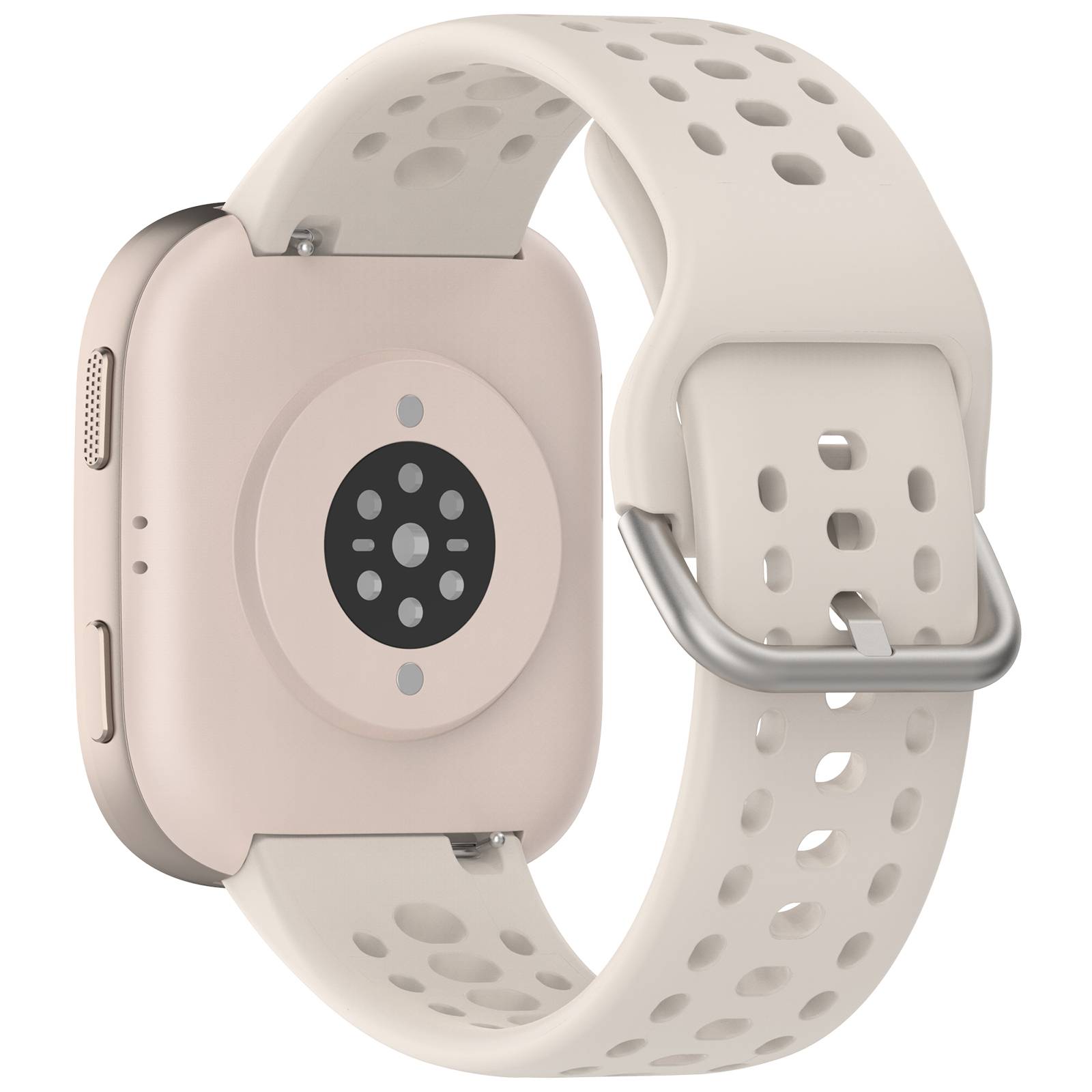 Beige Smartwatch mit perforiertem Silikon-Sportarmband und Metallschließe, dargestellt in einer produkttypischen Seitenansicht auf weißem Hintergrund.