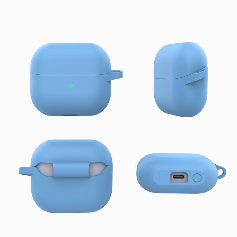 Blaue kabellose Ohrhörer mit Ladegehäuse in vier Ansichten gezeigt: Vorderseite, Seitenansicht, geöffnet mit Ohrhörern im Inneren und Unterseite mit USB-C-Anschluss und Kopplungsschaltfläche.
