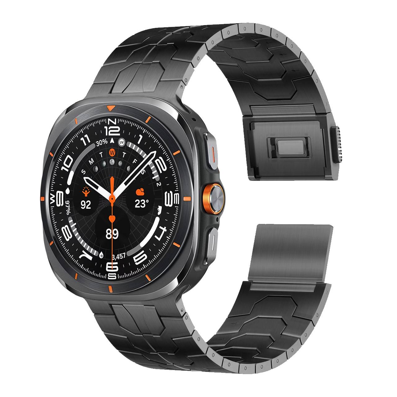 Schwarze quadratische Smartwatch mit orangefarbenen Akzenten und segmentiertem Metallarmband, von vorne und hinten gezeigt; Display zeigt analoges Zifferblatt und Gesundheitsmetriken.