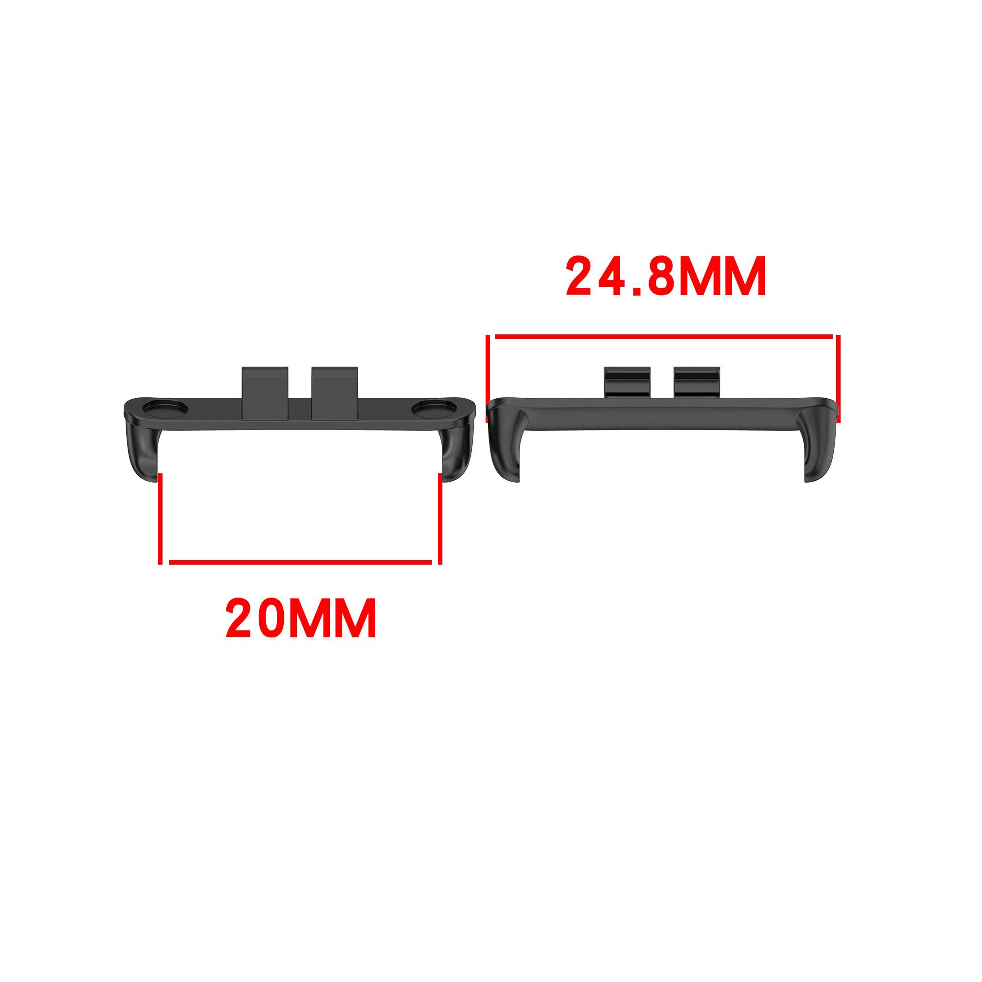 Produktabmessungen für einen kleinen schwarzen Clip: 20 mm breit auf der linken Seite und 24,8 mm breit auf der rechten Seite.
