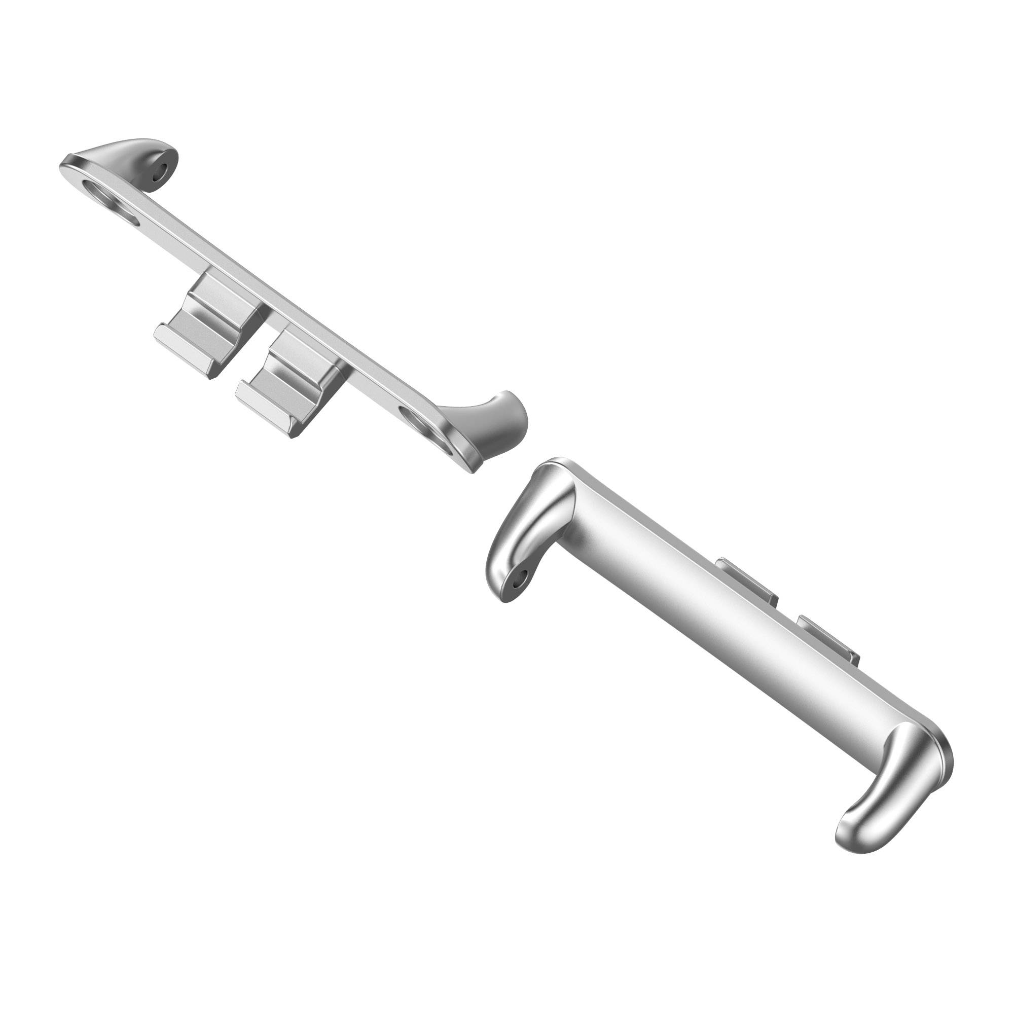 Silberner Metalltürgriff, dargestellt in zwei separaten Teilen, mit einem Riegel-/Verbindungsstück und einem passenden Griffgriff auf weißem Hintergrund.