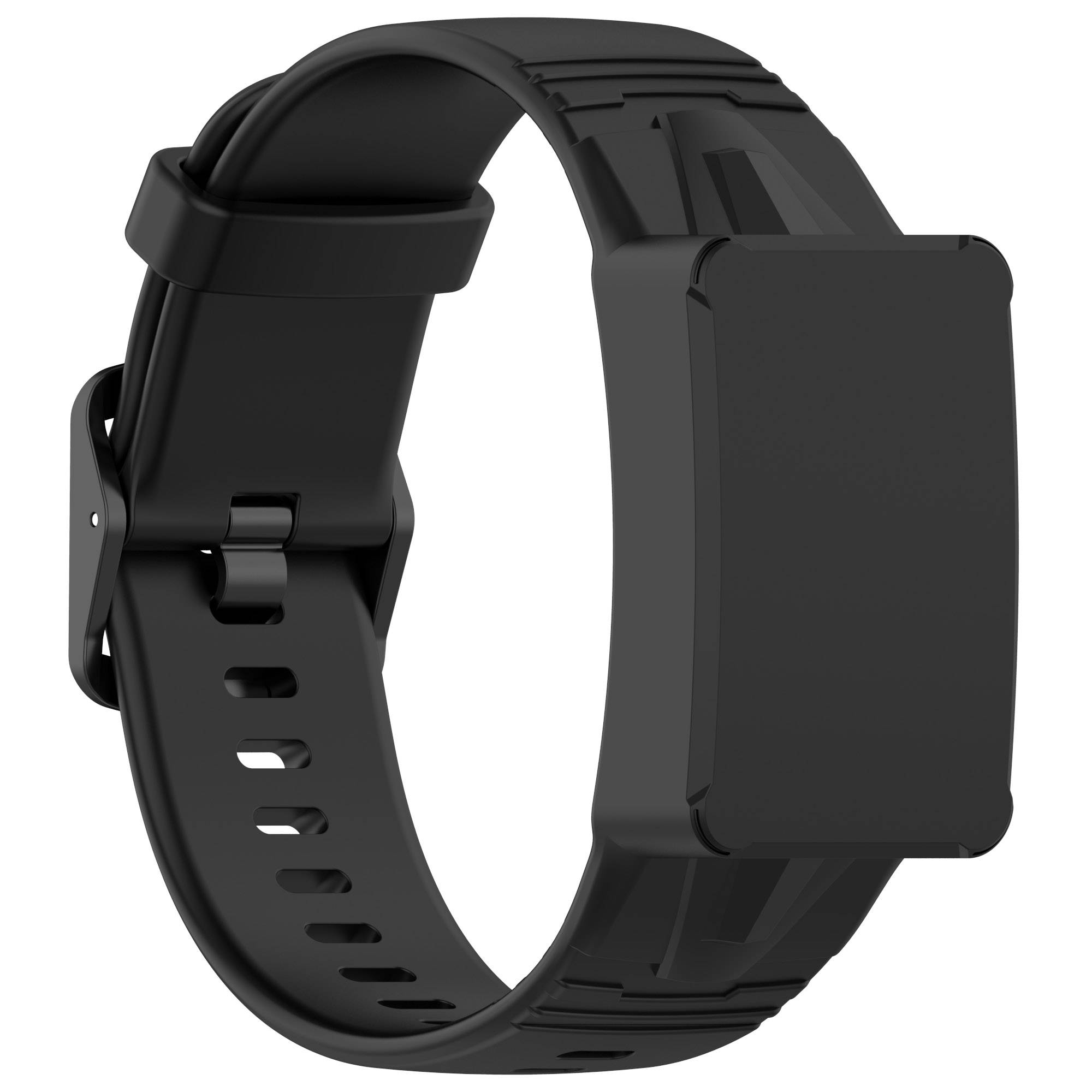 Schwarze rechteckige Smartwatch oder Fitness-Tracker mit breitem Silikonarmband und Schnallenverschluss, gezeigt auf weißem Hintergrund.