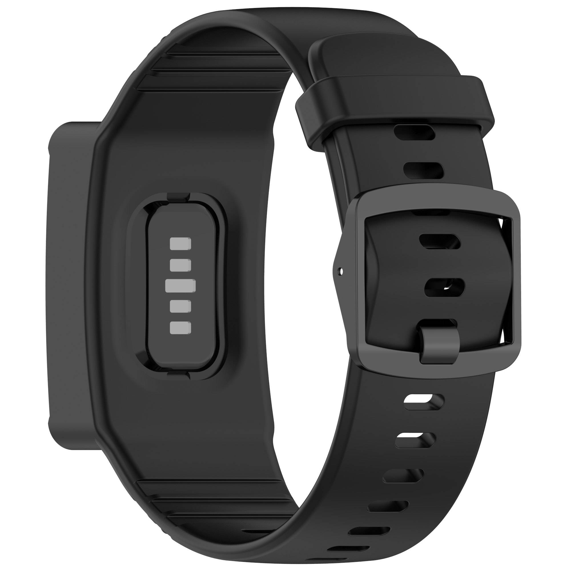 Schwarzes Fitness-Tracker-Armband mit einem rechteckigen Sensormodul und verstellbarem Schnallengurt auf weißem Hintergrund.