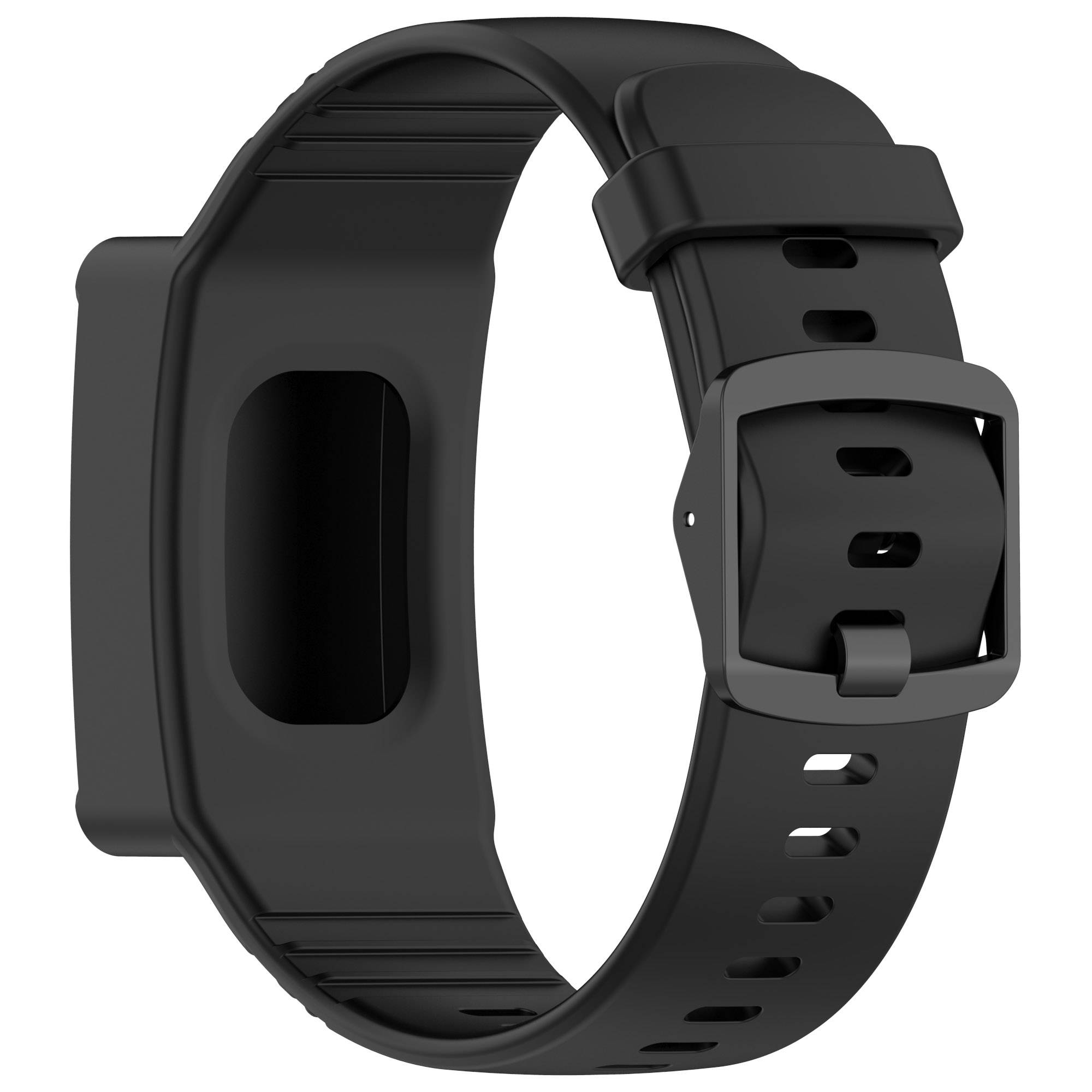 Schwarze Smartwatch Fitness-Band mit verstellbarem Verschluss und rechteckigem Sensormodul auf weißem Hintergrund.