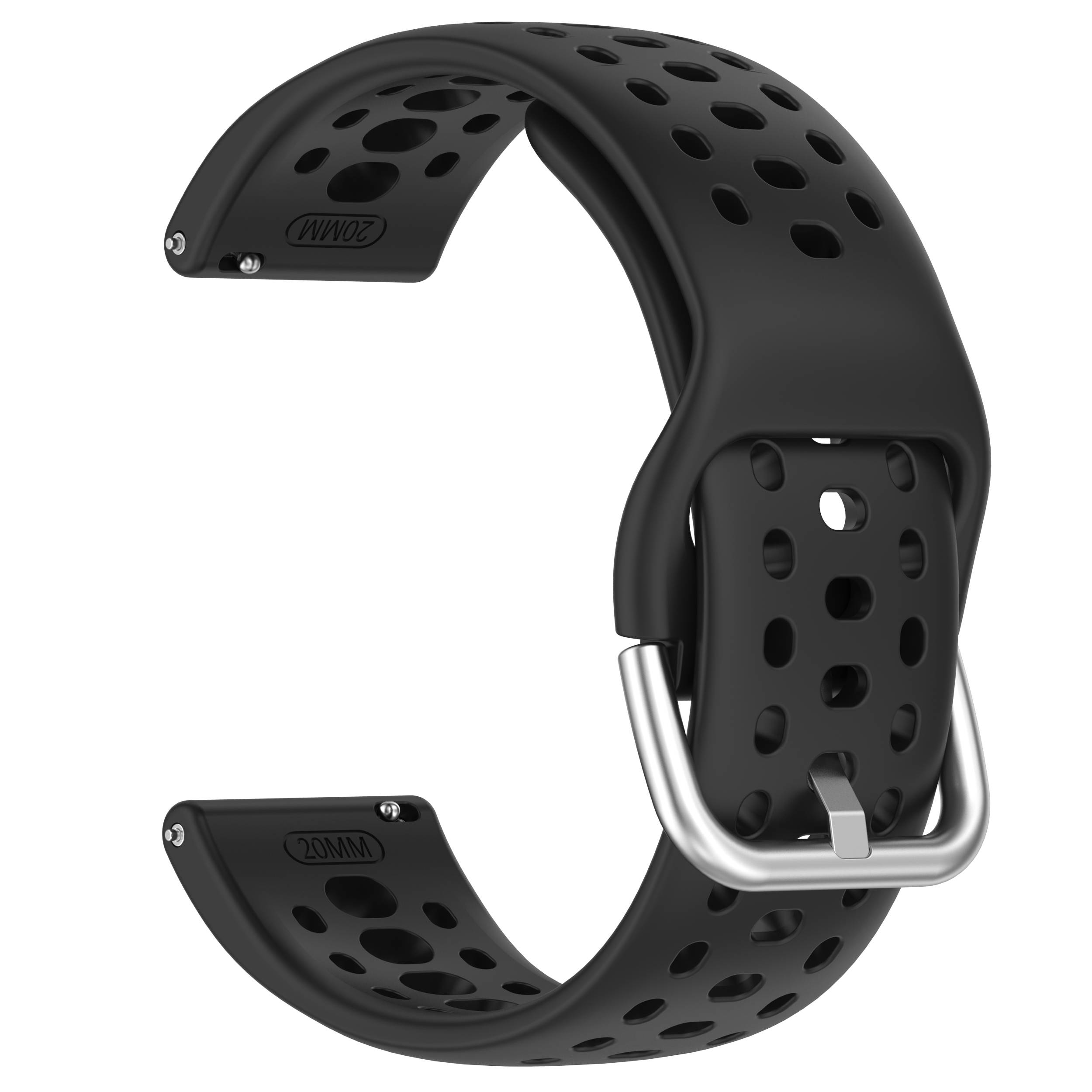 Schwarzes perforiertes Smartwatch-Armband mit silbernem Verschluss, isoliert auf weißem Hintergrund dargestellt.