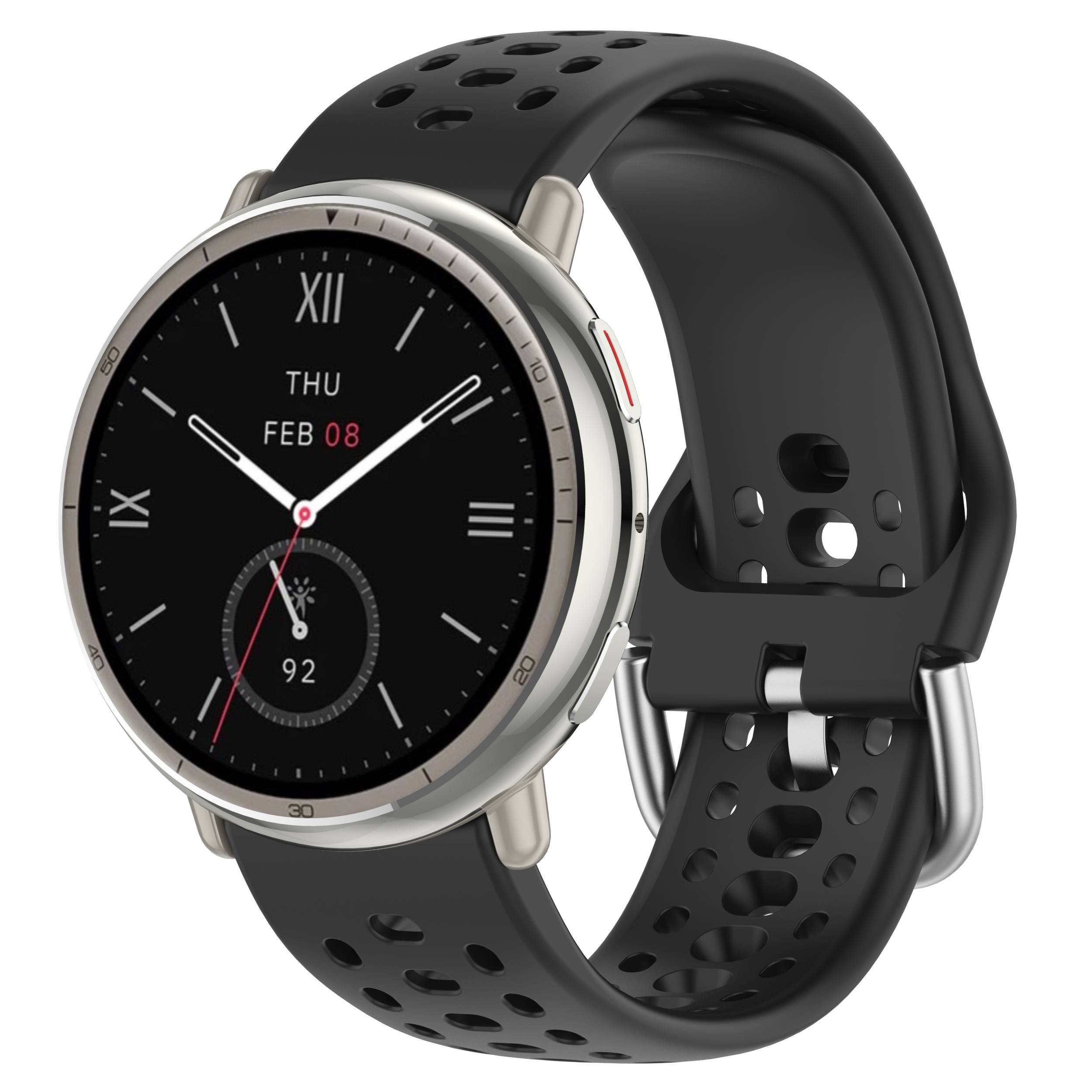 Schwarze runde Smartwatch mit perforiertem schwarzem Armband, analog gestaltetes Zifferblatt, Tag- und Datumsanzeige und Pulsmessung von 92.