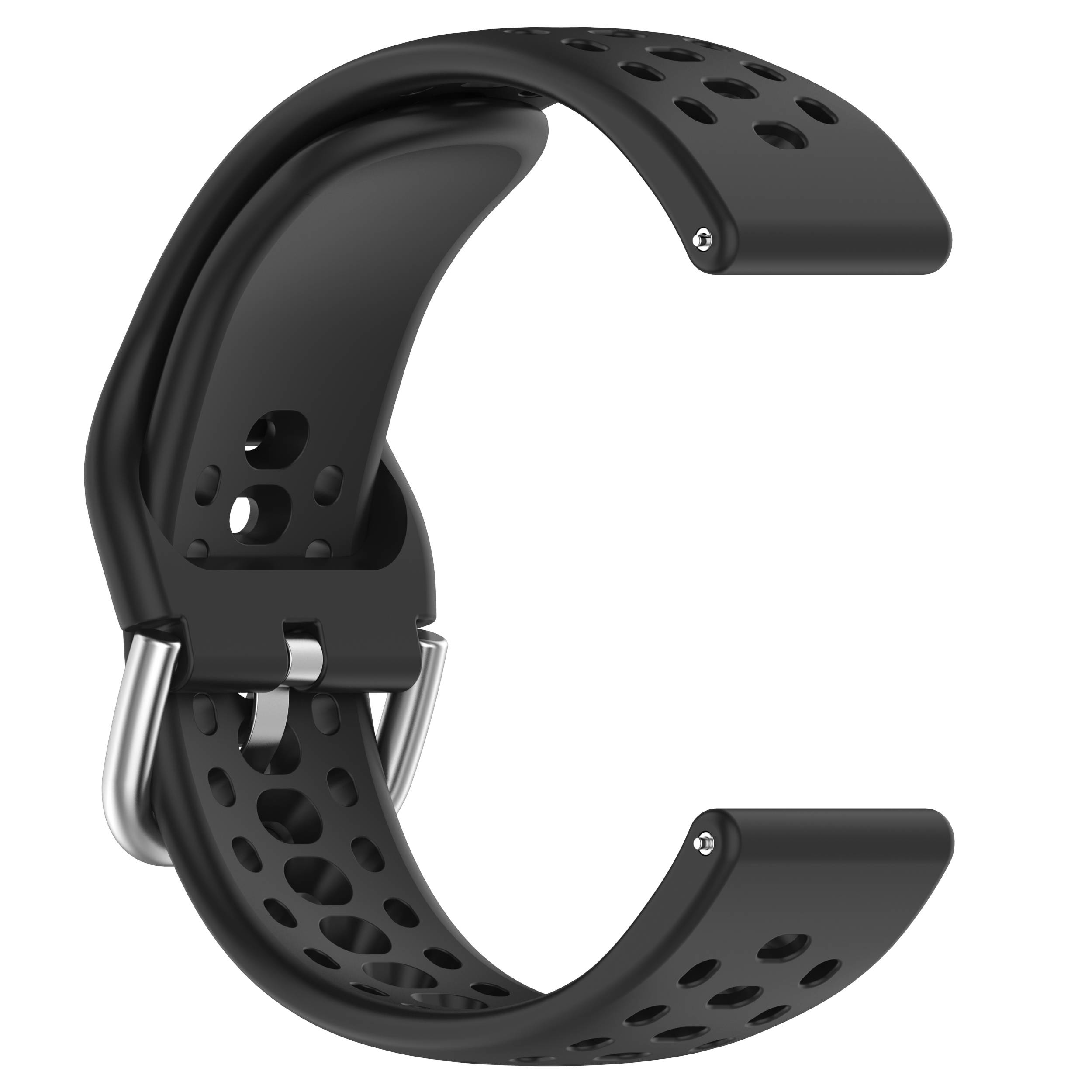 Schwarzes durchbrochenes Smartwatch-Armband mit offener Schließe und Metallverbindern, auf weißem Hintergrund dargestellt.
