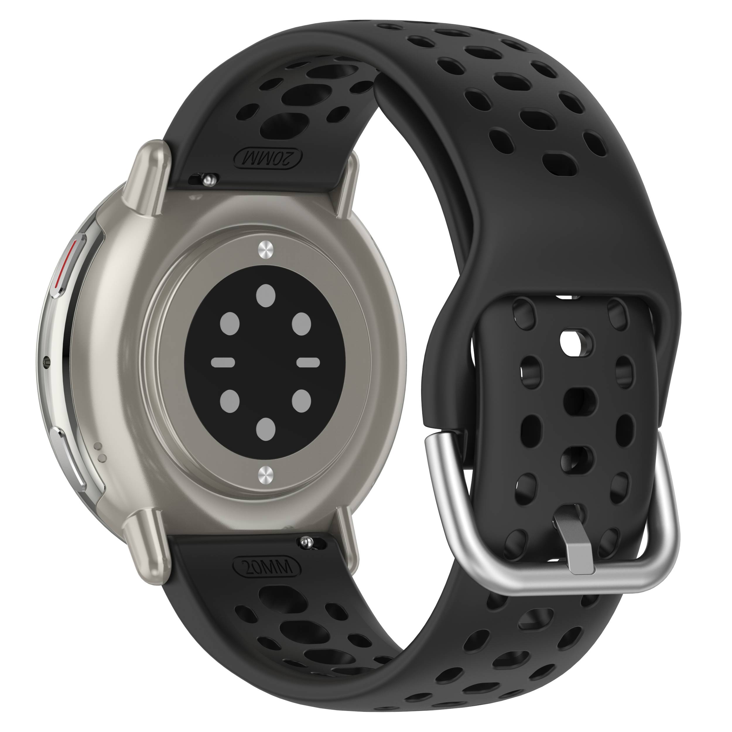 Rückansicht einer runden schwarzen Smartwatch mit perforiertem Sportarmband, die die Sensor-Array auf der Unterseite und das silberne Metallgehäuse zeigt.