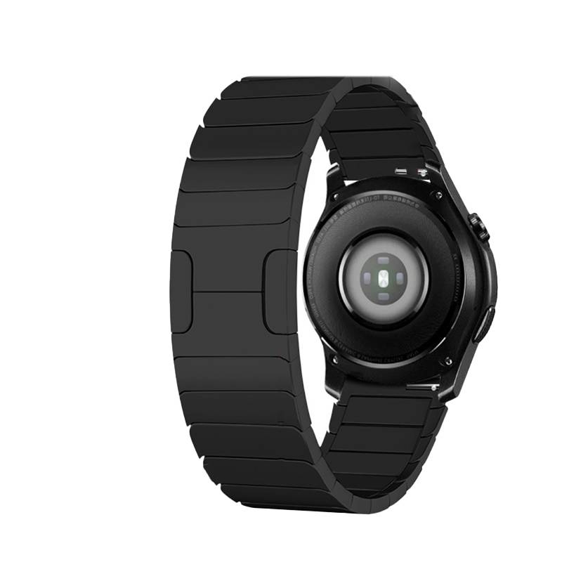 Schwarze Smartwatch von hinten gezeigt, mit rundem Sensormodul und segmentiertem schwarzem Armband auf weißem Hintergrund.