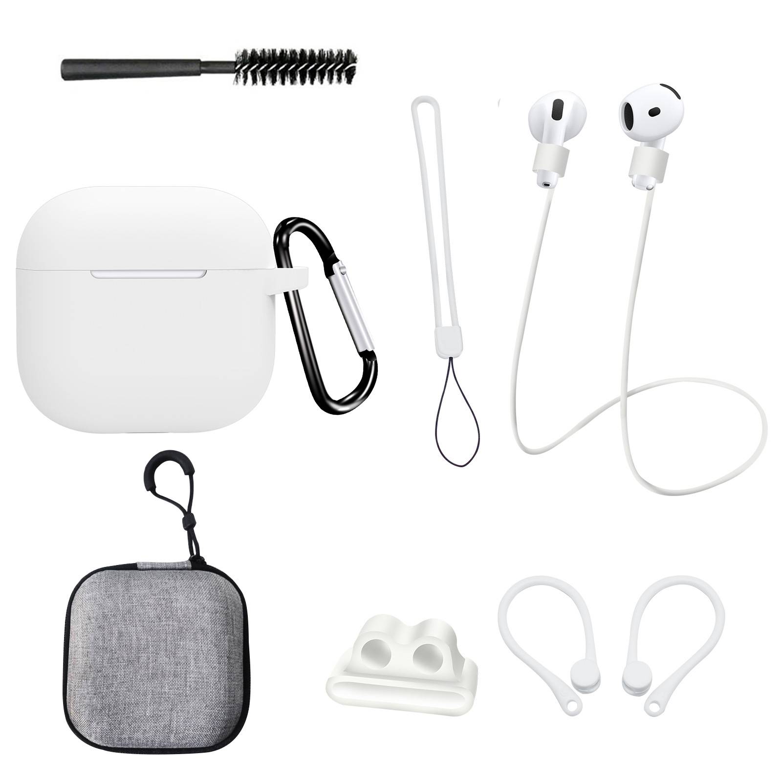 Assortierte Apple AirPods-Zubehörartikel auf weißem Hintergrund: Ladehüllen-Schutzhülle mit Karabiner, Ohrhörer-Umhängeband, Reinigungsbürste, Ohrbügel und grauer Transporttasche.
