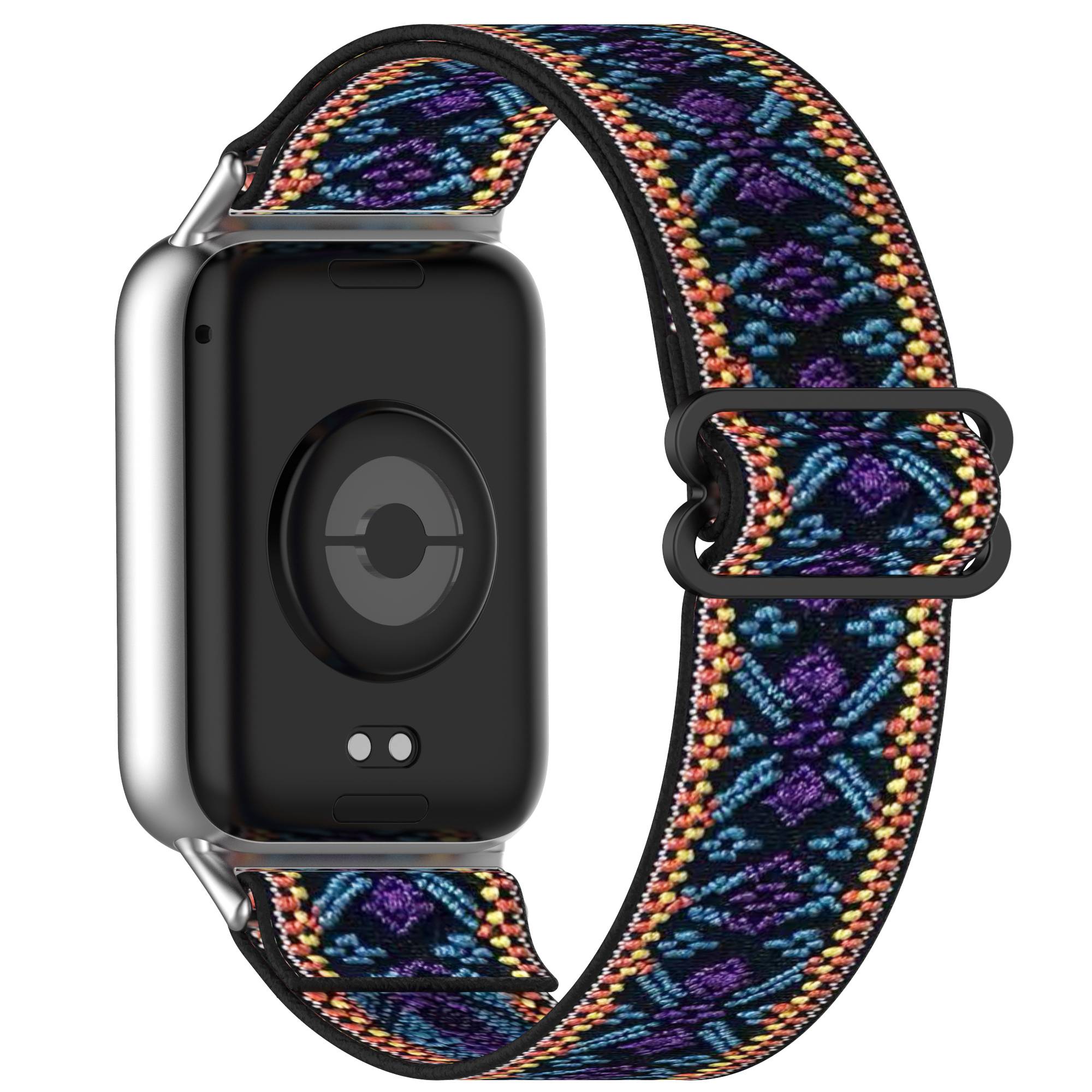 Rückansicht einer Smartwatch mit schwarzem Gehäuse und farbenfrohem gewebtem Stoffarmband.