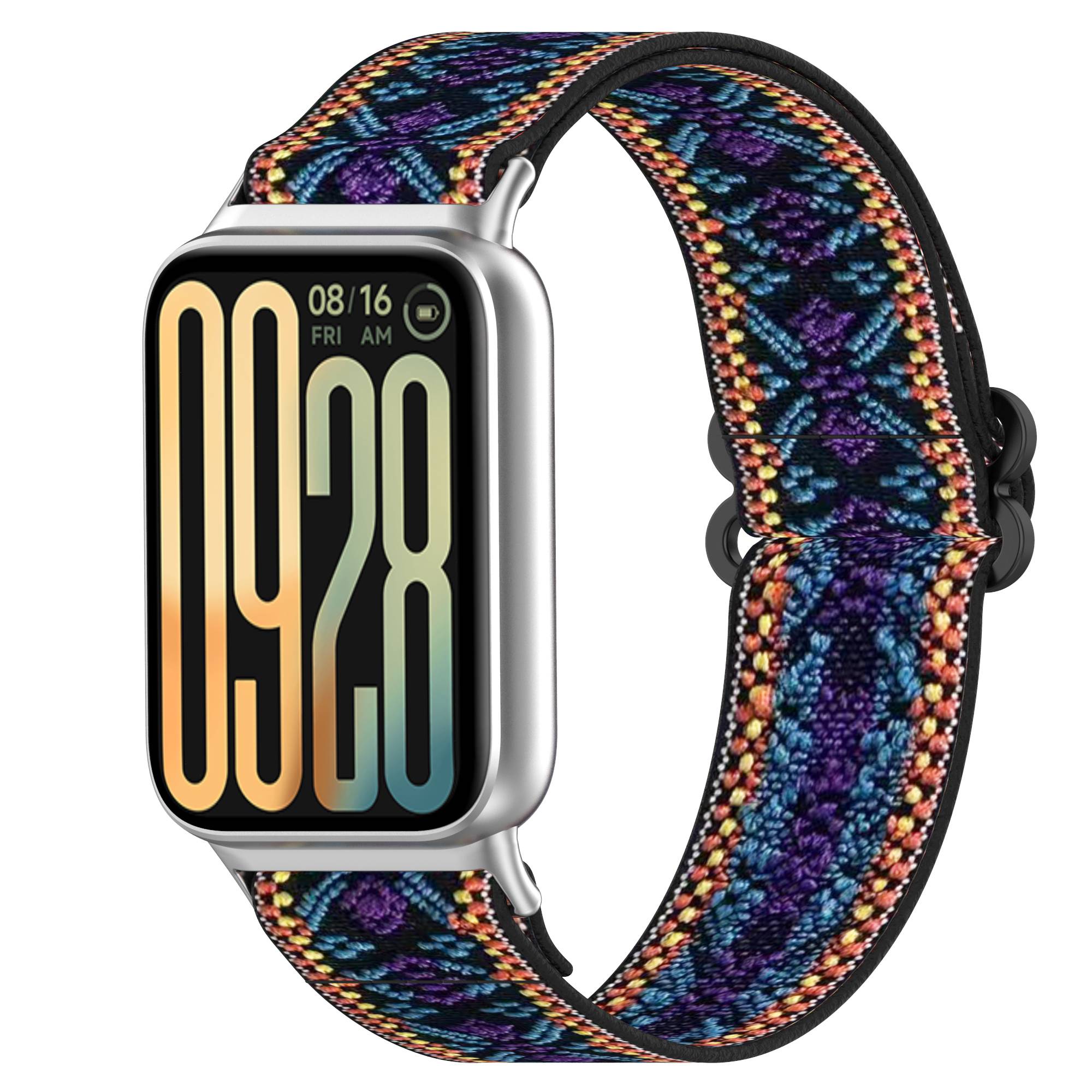 Silberne Smartwatch mit farbigem gewebtem Armband und digitalem Display, das 09:28 und das Datum 08/16 anzeigt, auf weißem Hintergrund.