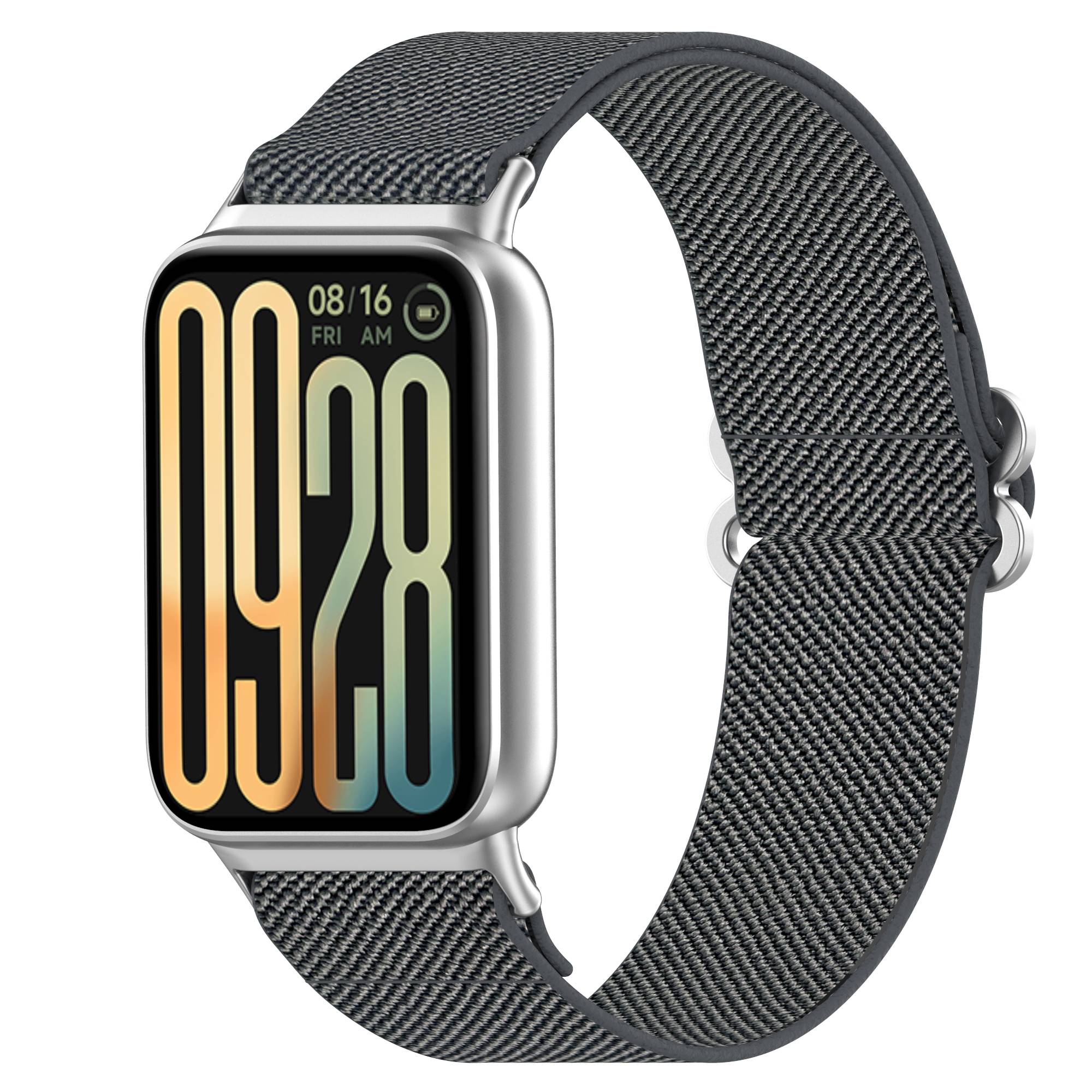 Eine silberne Smartwatch mit grauem gewebtem Armband zeigt auf ihrem Display die Uhrzeit 09:28 und das Datum 08/16 Fr AM an.