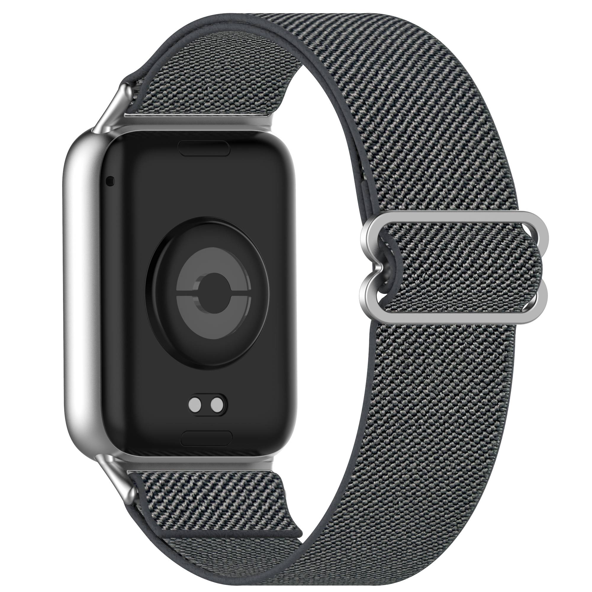 Rückansicht einer silbernen Smartwatch mit dunklem Stoffarmband, zeigt den Sensor auf der Unterseite und die verstellbare Schnallenverschluss.