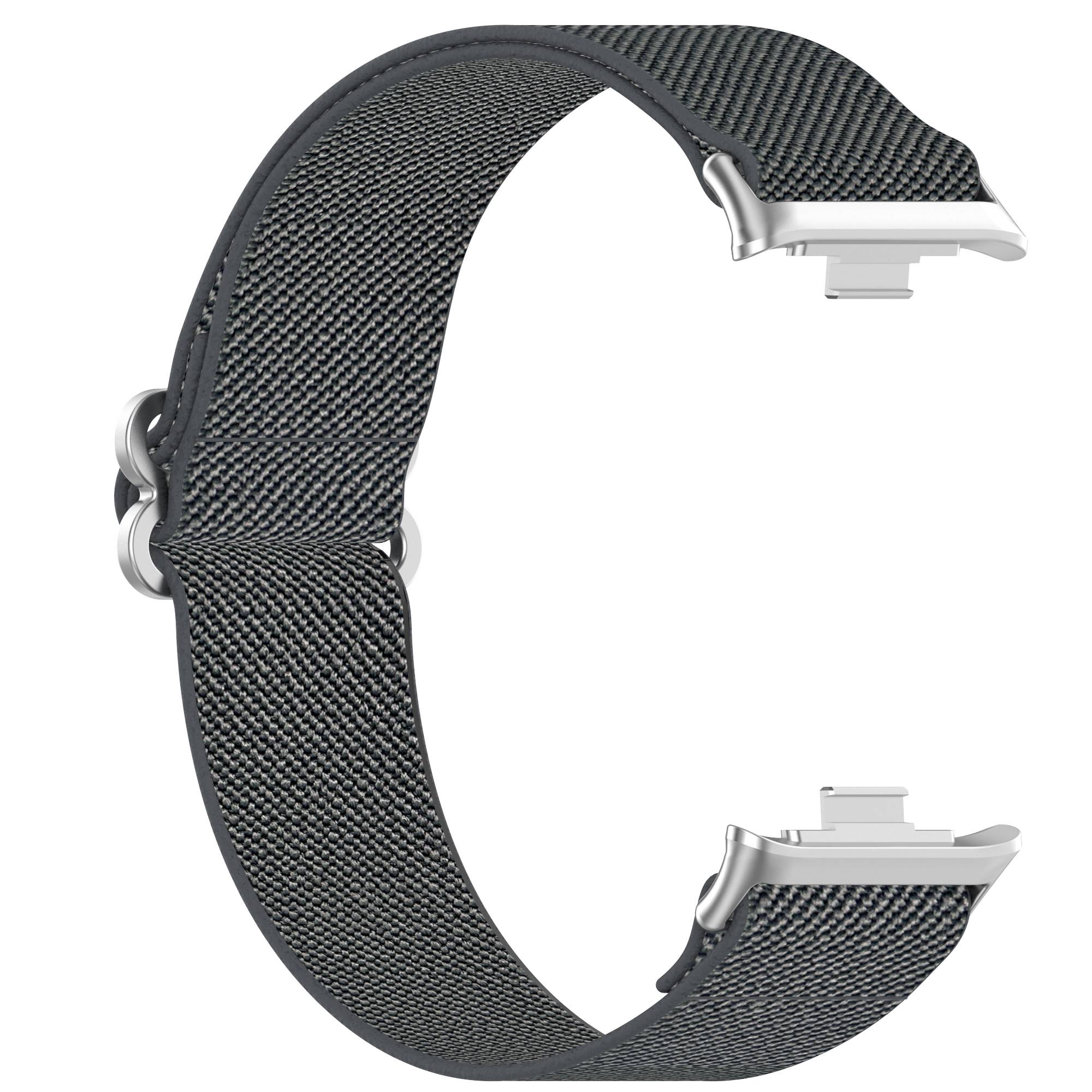 Schwarzes gewebtes Smartwatch-Armband mit silberner Metallschließe, isoliert auf weißem Hintergrund dargestellt.
