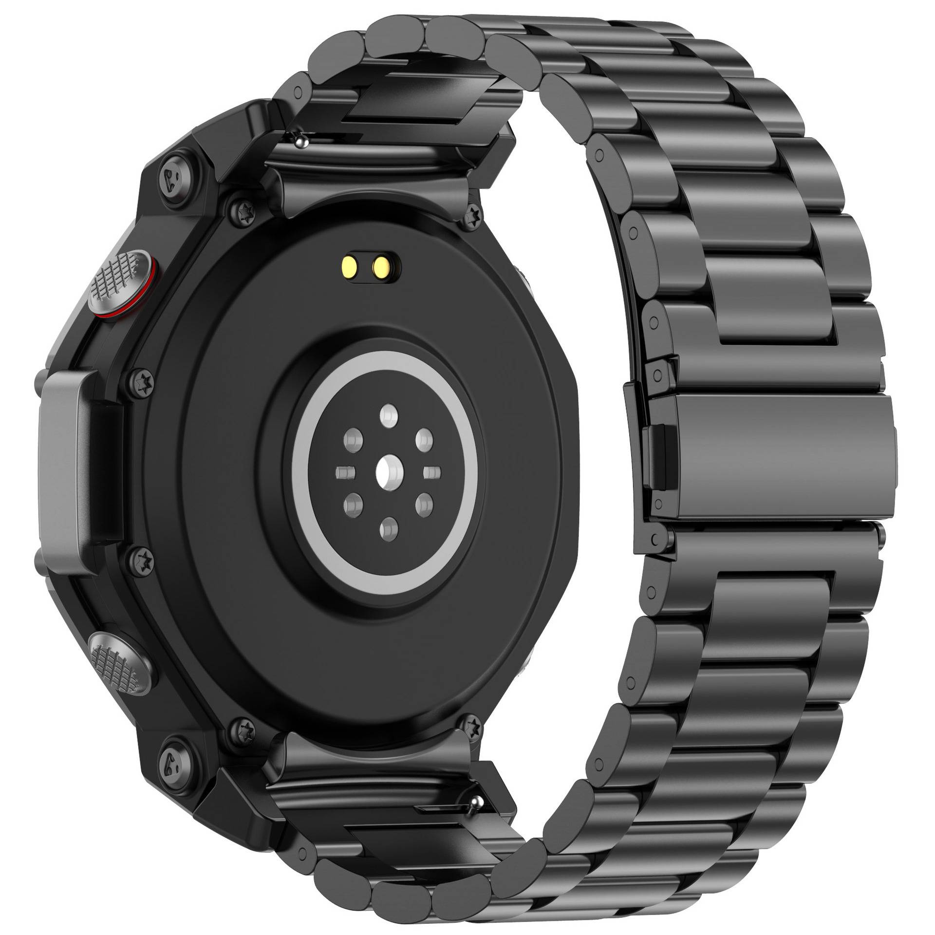 Schwarze Smartwatch von hinten gezeigt mit einem Metallgliedband, kreisförmigem Sensorbereich und Seitentasten auf weißem Hintergrund.