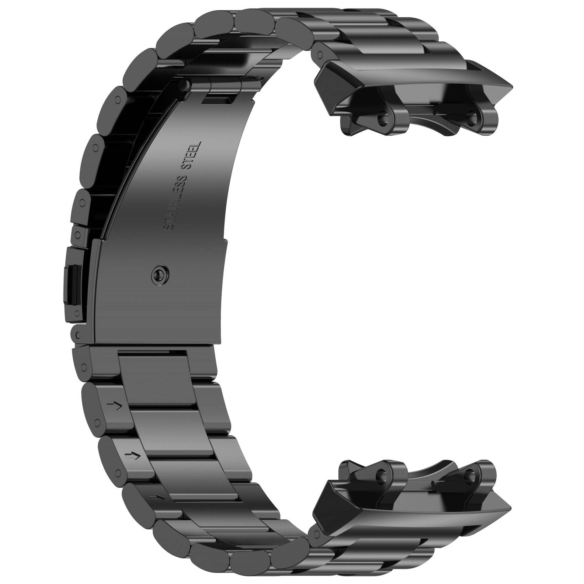 Schwarzes Metallarmband mit offener Schließe, gekrümmt auf weißem Hintergrund dargestellt.
