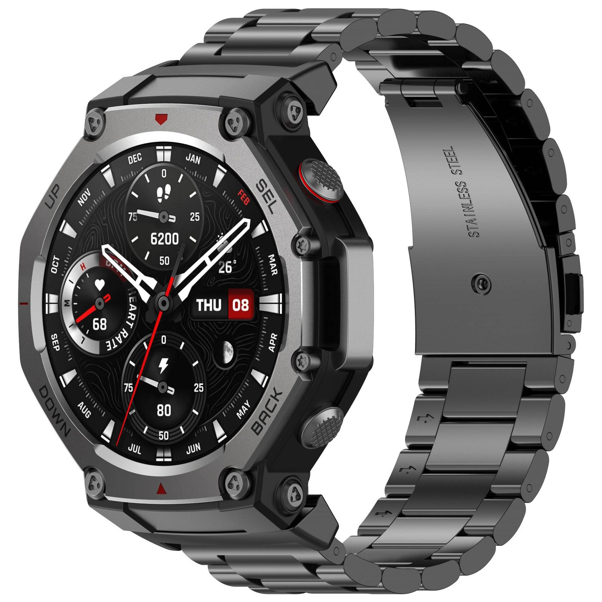 Schwarze Smartwatch mit Metallband und analogem digitalen Display, das Datum, Schritte, Herzfrequenz und Fitness-Metriken anzeigt.