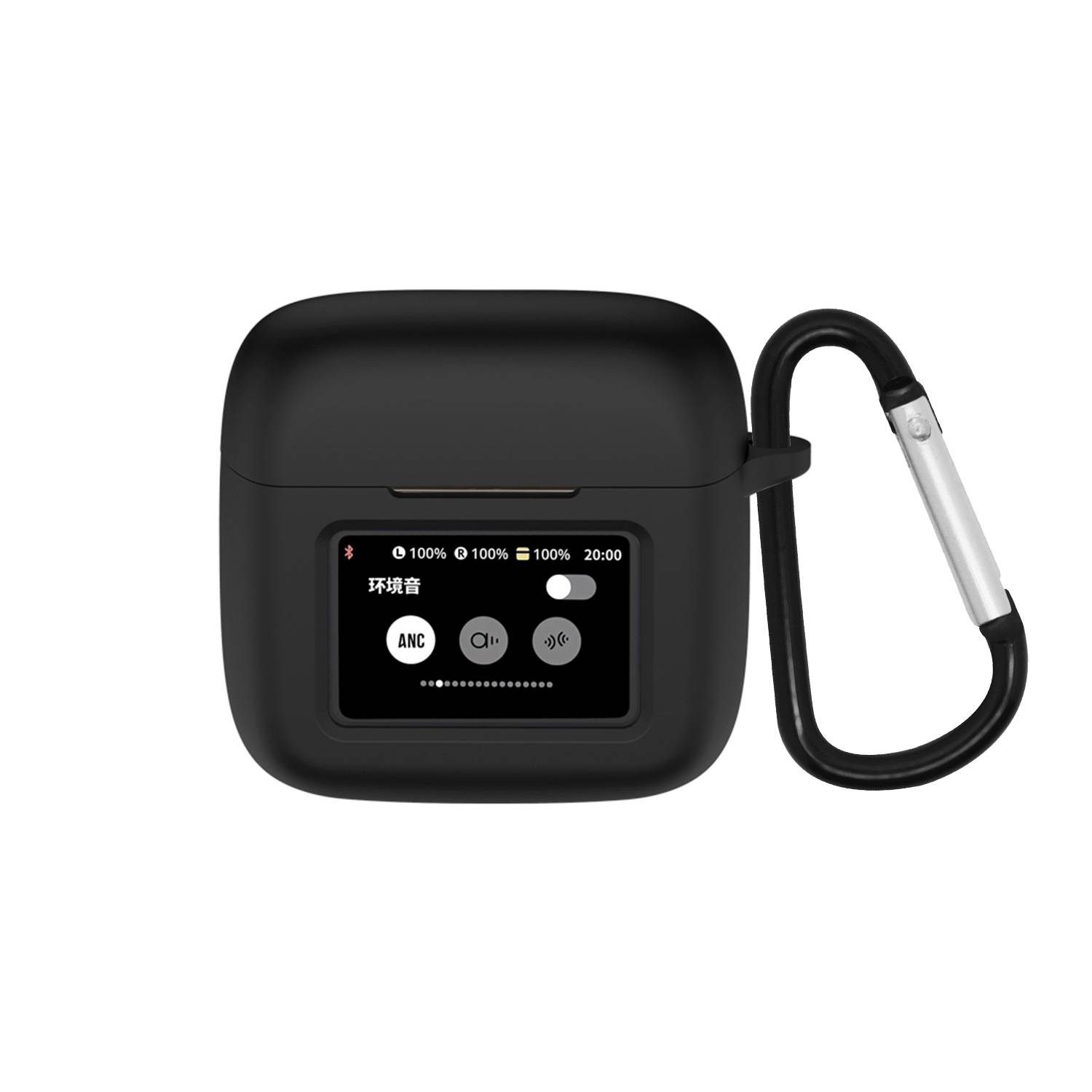 Schwarze kabellose Ohrhörer mit Ladeetui, Karabinerhaken und kleinem frontalem Display mit ANC- und Batterieanzeigen.