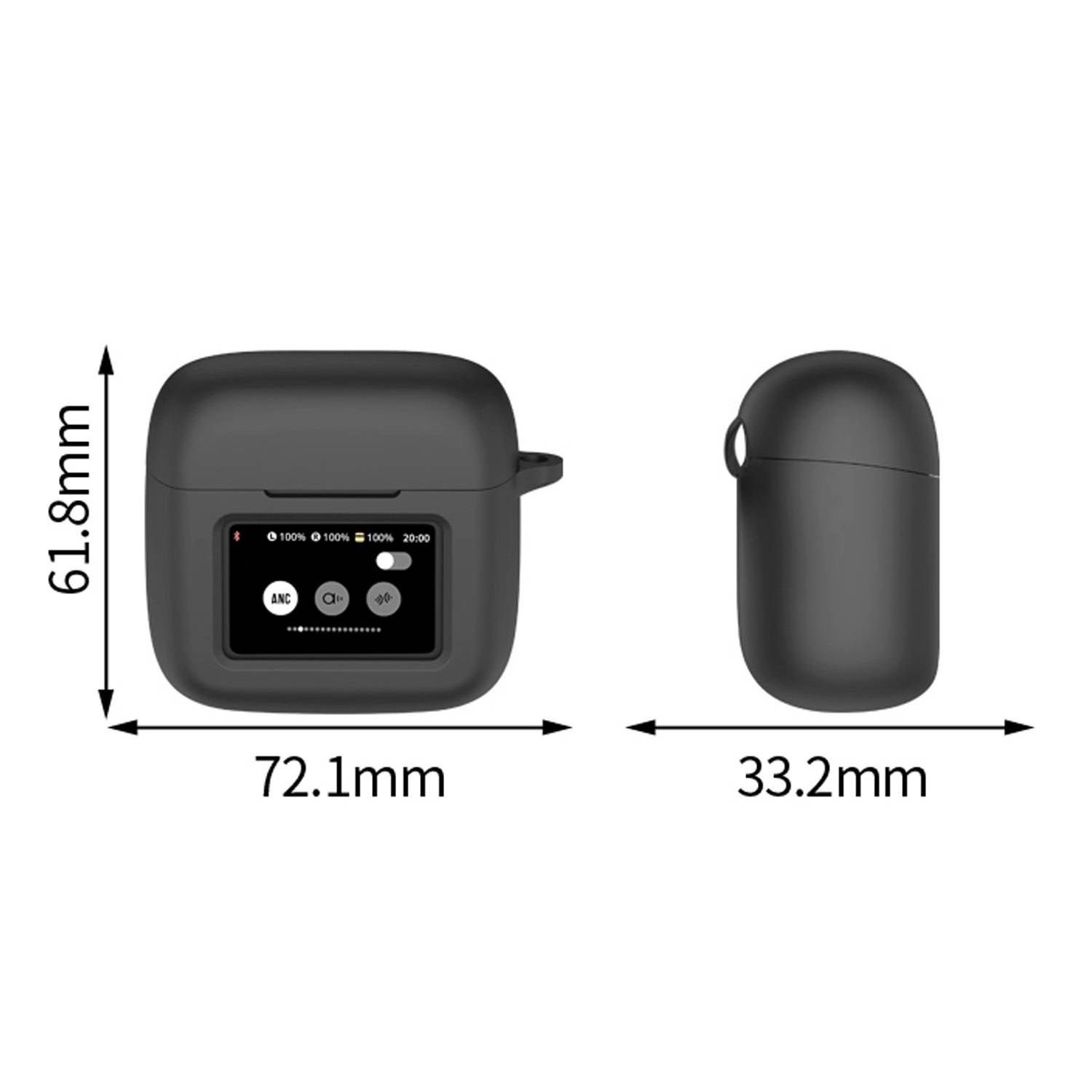 Schwarzes kabelloses Earbud-Ladegehäuse mit Vorder- und Seitenansicht und Abmessungen von 72,1 mm Breite, 61,8 mm Höhe und 33,2 mm Tiefe.