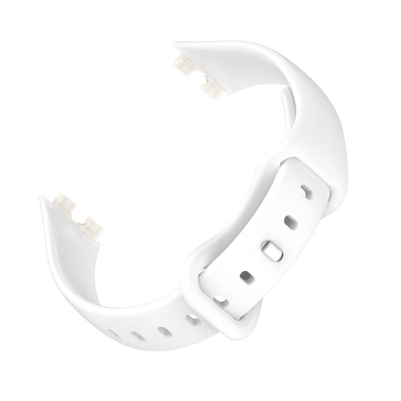 Weißes Smartwatch-Armband mit gekrümmter Schnalle und verstellbaren Perforationen, isoliert auf weißem Hintergrund dargestellt.
