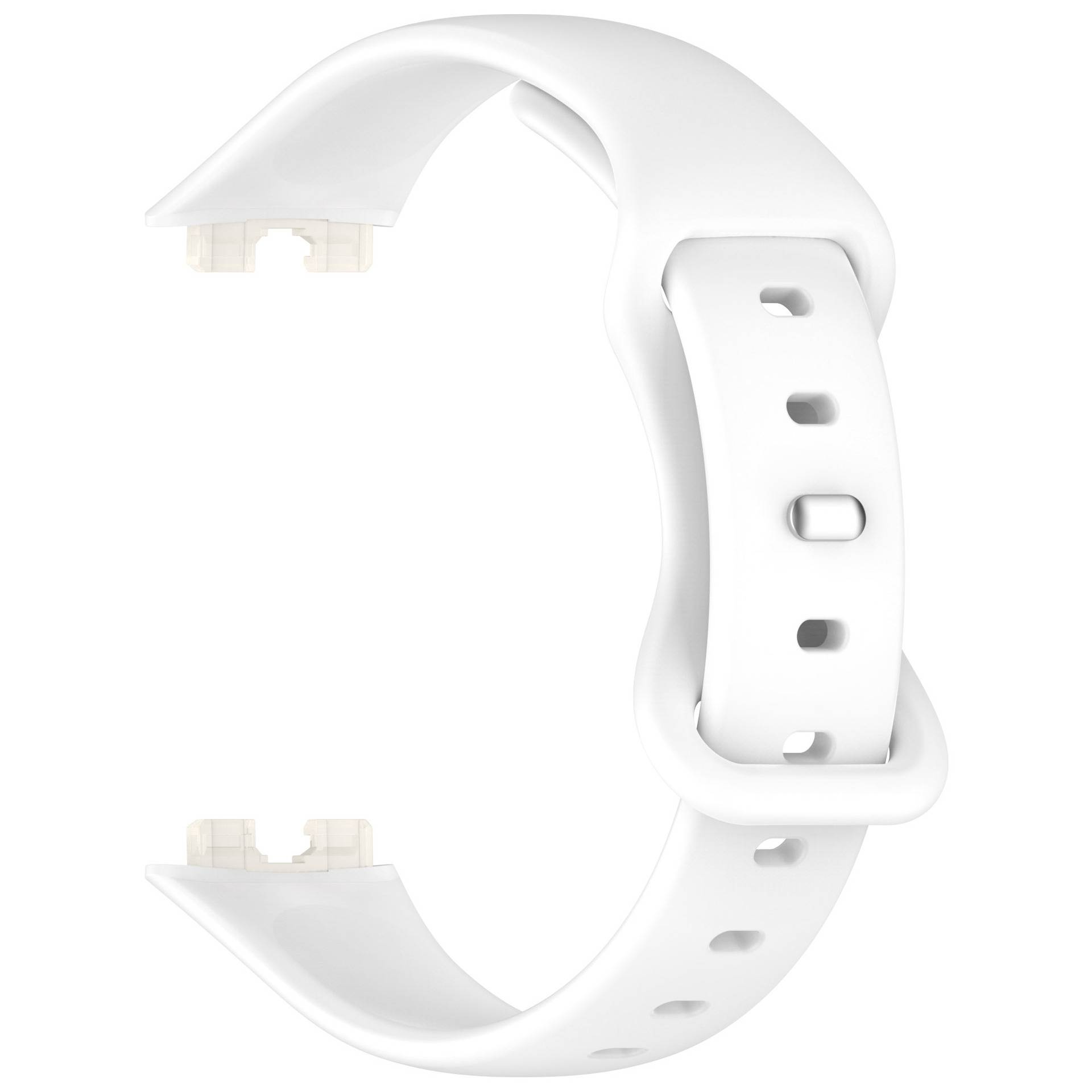 Weißes Smartwatch-Armband mit Schnalle, isoliert auf weißem Hintergrund dargestellt.