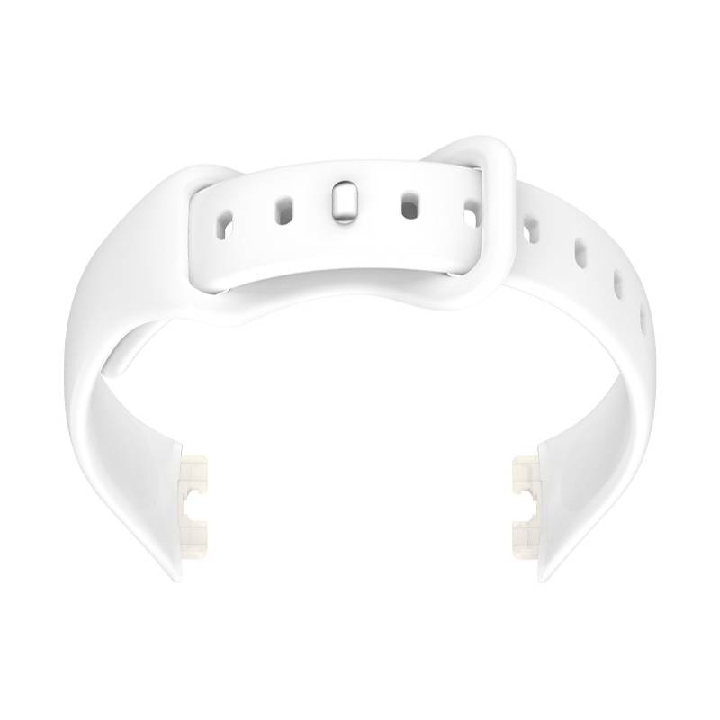 Weiße Silikon-Uhrenarmband mit Schnalle und Verstelllöchern, isoliert auf weißem Hintergrund dargestellt.
