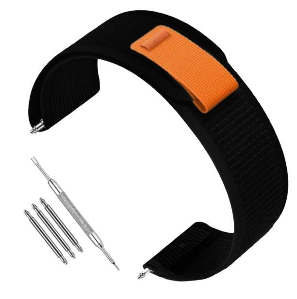 Schwarze verstellbare Handgelenkschlaufe mit orangem Patch und Metalldorn zum Entfernen oder Austausch von Uhrenarmband-Federleisten, auf weißem Hintergrund dargestellt.
