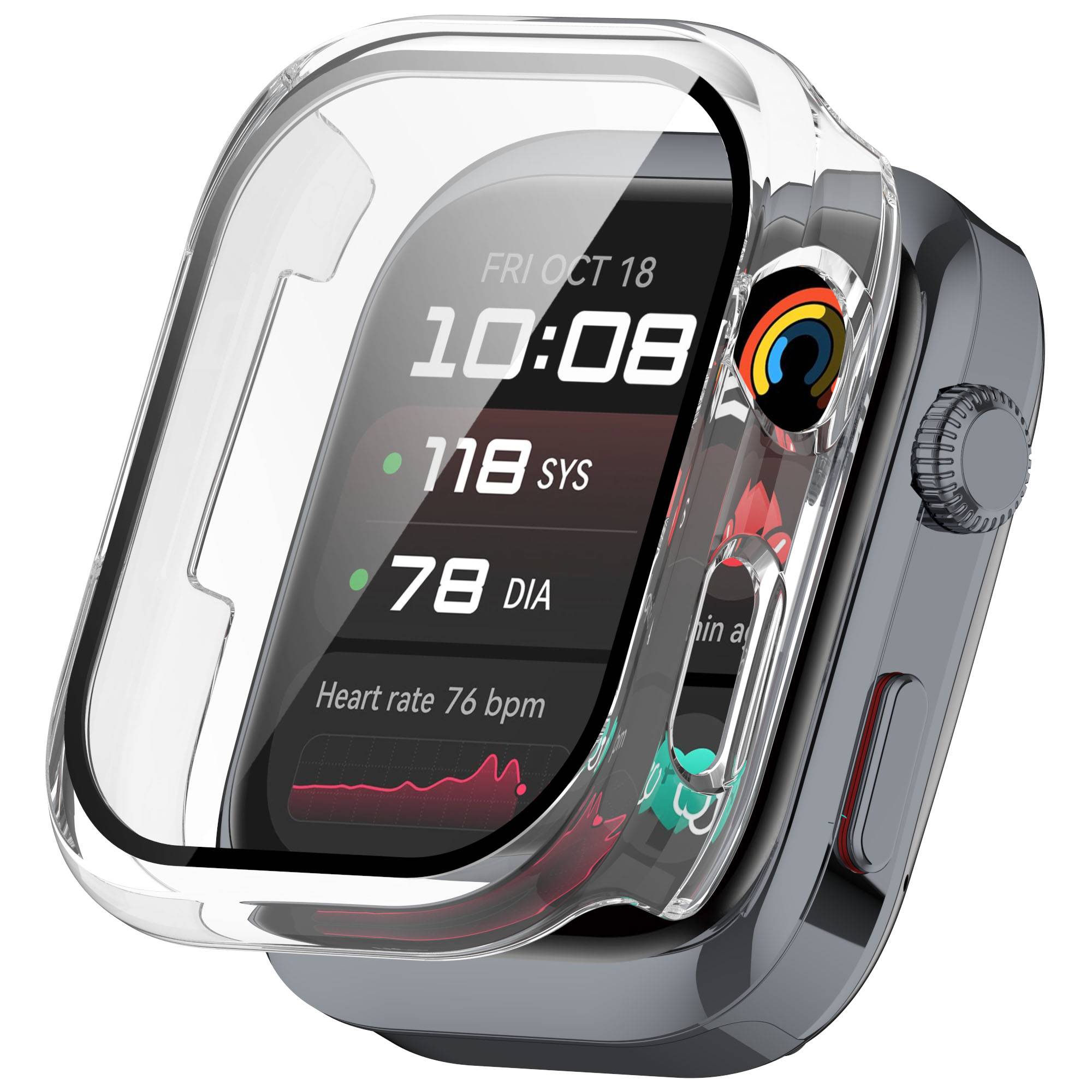 Smartwatch in einer klaren Schutzhülle, die die Uhrzeit 10:08, das Datum Fri Oct 18, den Blutdruck 118/78 und die Herzfrequenz 76 Schläge pro Minute anzeigt.