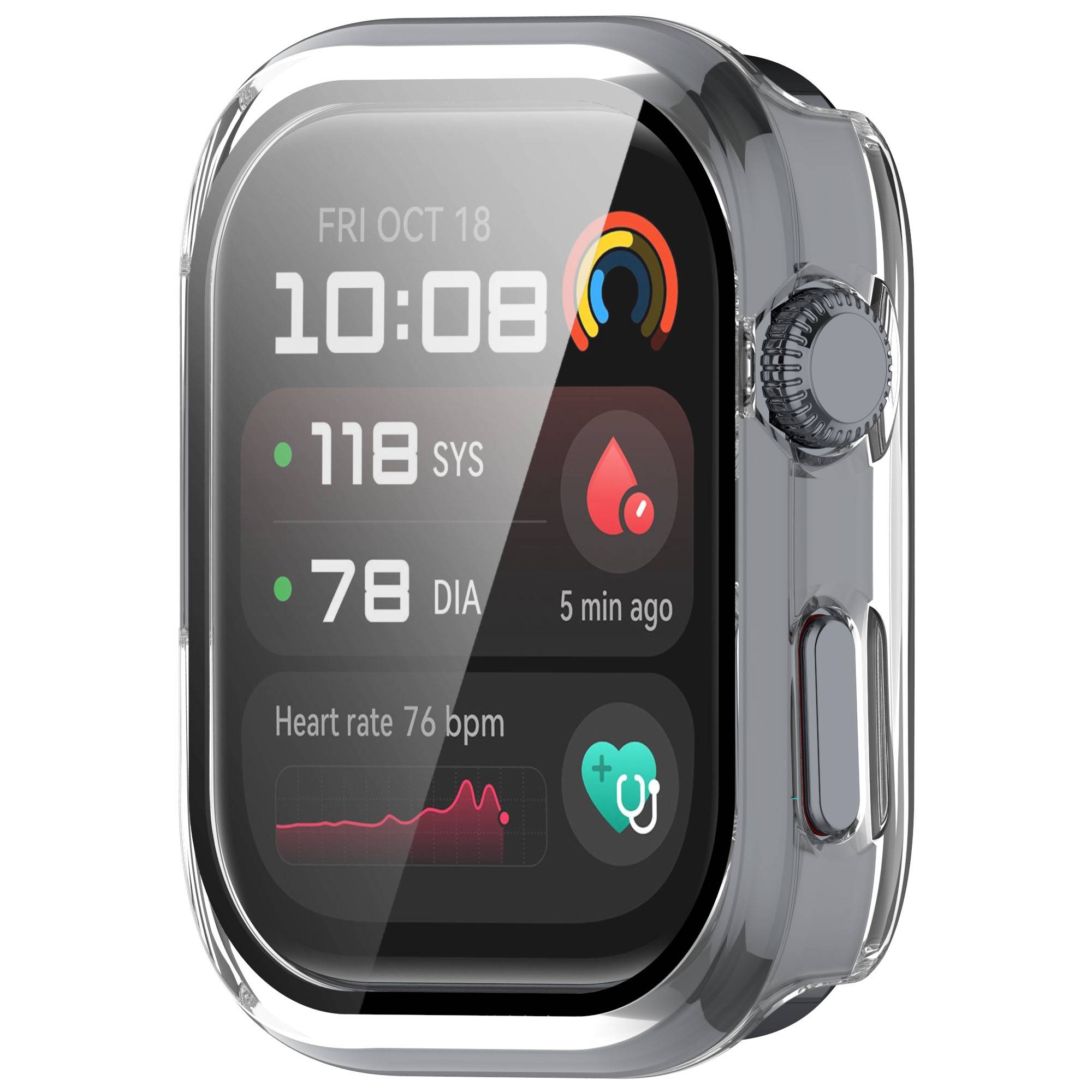 Eine Smartwatch mit Gesundheitsmetriken: Datum und Uhrzeit, Blutdruck 118/78, Herzfrequenz 76 Schläge pro Minute und Trainings-/Aktivitätssymbole auf dem Bildschirm.