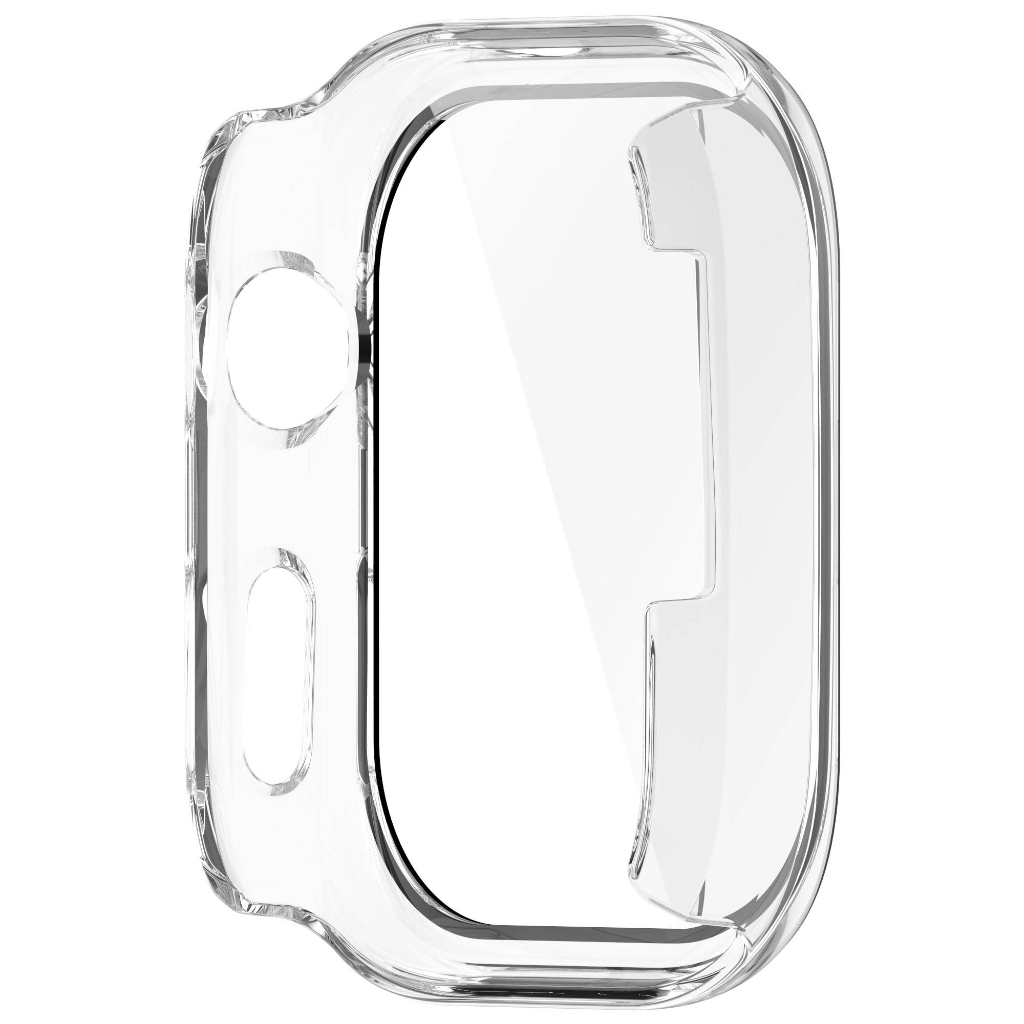 Durchsichtige transparente Schutzh7lle für eine Smartwatch, von der Seite auf weißem Hintergrund dargestellt.