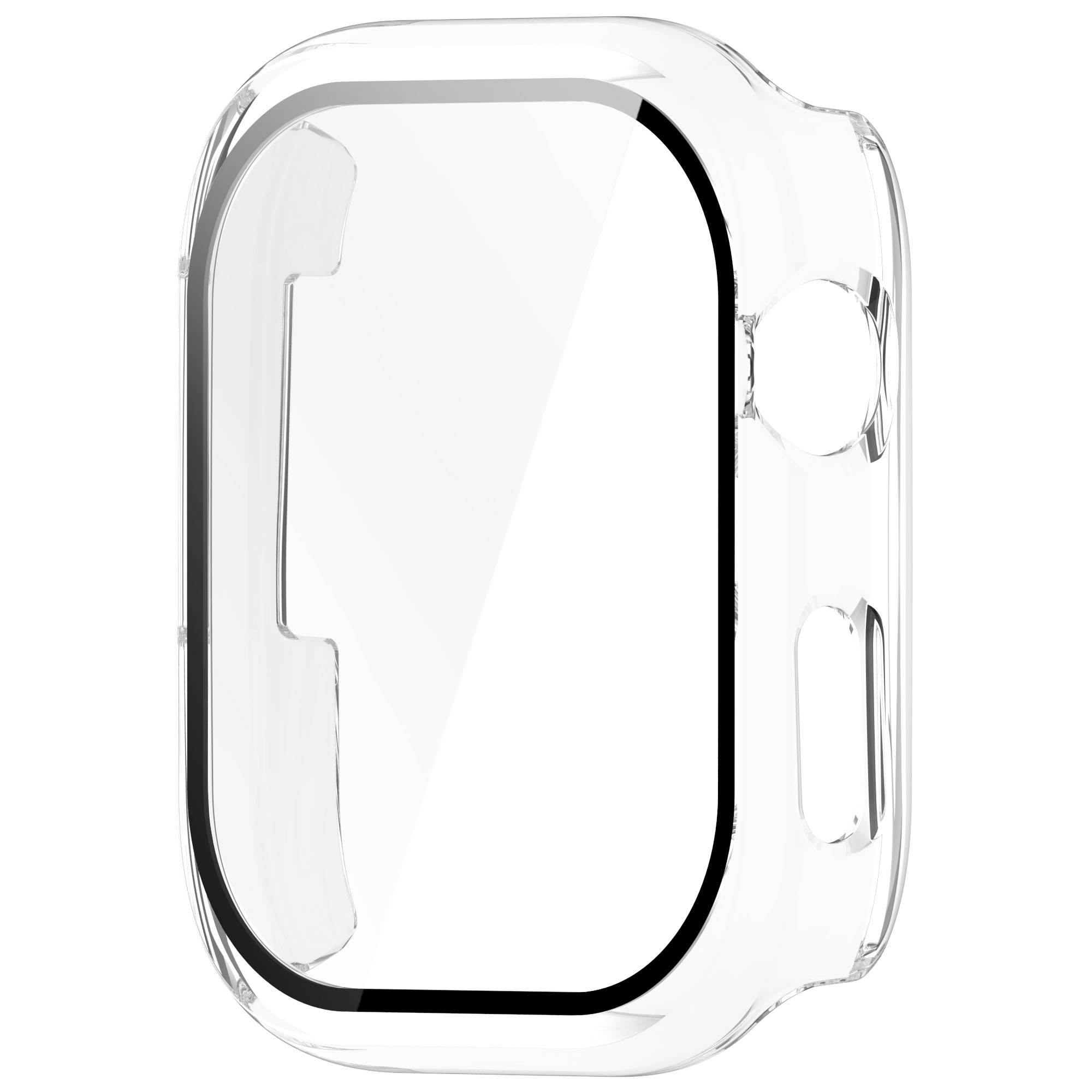 Transparentes, durchsichtiges Schutzgehäuse für eine Smartwatch, Vorderansicht mit Aussparungen für die Seitentasten und die Krone.
