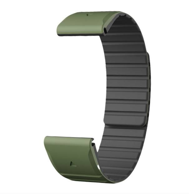3D-Rendering eines geschwungenen schwarzen Rippenbands mit olivgrünen Endkappen, isoliert auf weißem Hintergrund dargestellt.
