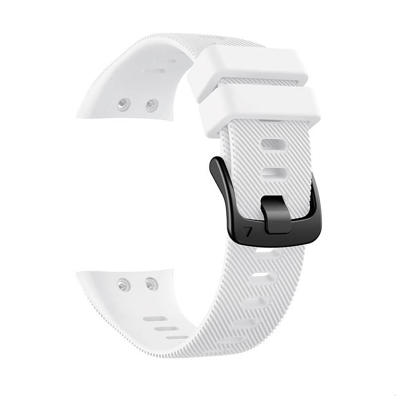 Weißes strukturiertes Uhrenarmband mit schwarzer Schnallenschließe auf schlicht weißem Hintergrund.
