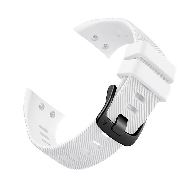 Weiße gerippte Silikon-Smartwatch-Armband mit schwarzer Schnallenschließe, vor einem einfachen Hintergrund gezeigt.