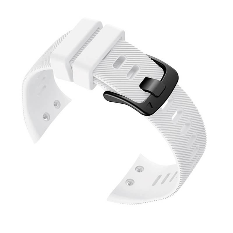 Weiß strukturiertes Silikonarmband mit schwarzer Schnalle und weißem Verbinder, abgebildet auf einfachem Hintergrund.