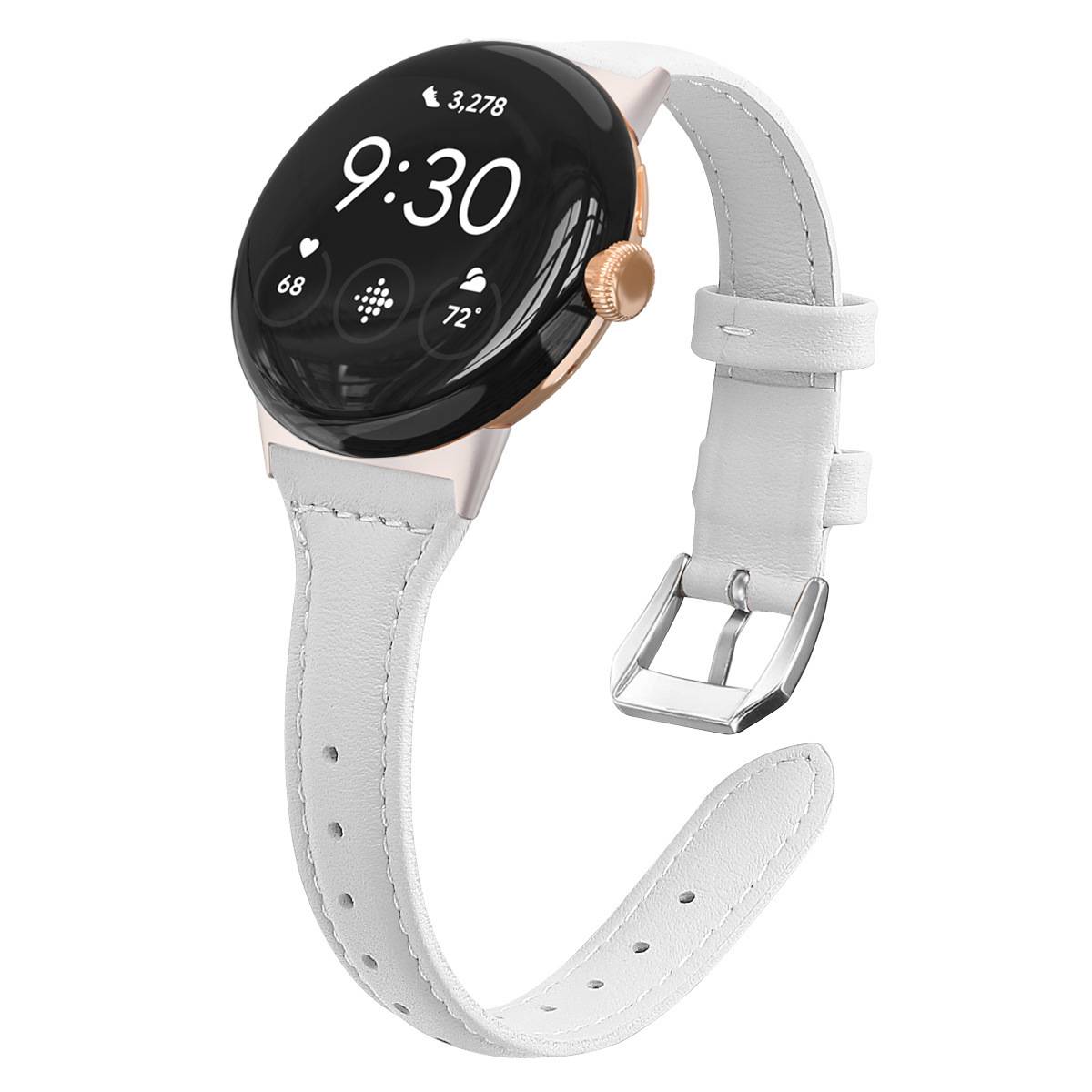 Runde Smartwatch mit schwarzem Display und hellgrauem Lederband, dargestellt auf weißem Hintergrund mit Uhrzeit 9:30 und Fitness-Statistiken.