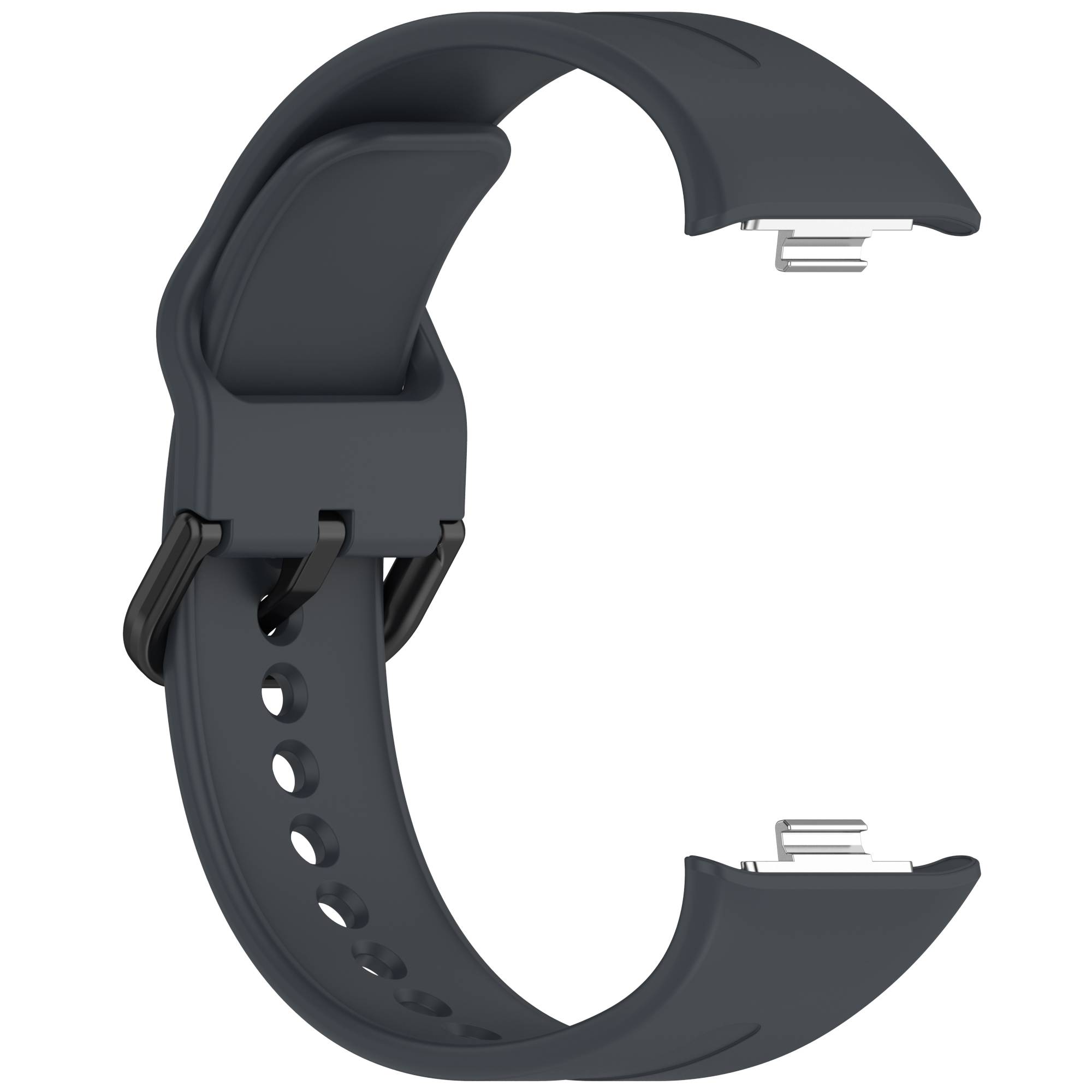 Dunkelgraues Smartwatch-Armband mit einer schnallenähnlichen Schließe, offen in C-Form auf weißem Hintergrund dargestellt.