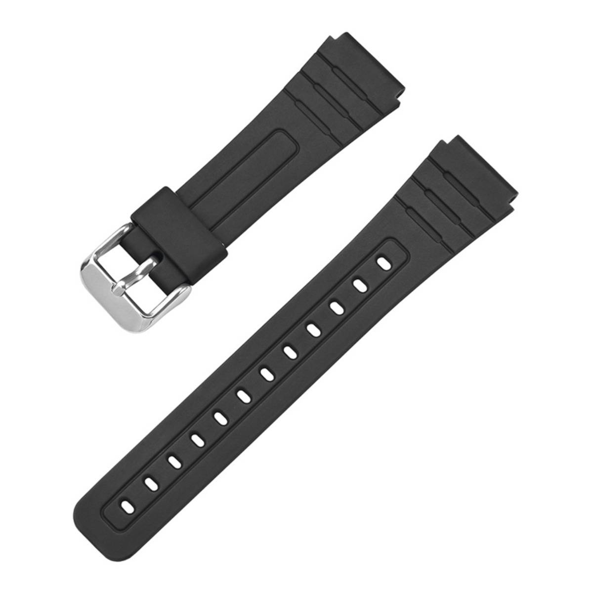 Schwarzes Gummi-Uhrenarmband mit silberner Schnalle, in zwei Teilen auf weißem Hintergrund dargestellt.