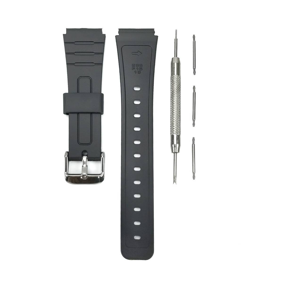 Schwarze Uhrenarmband mit Metallschnalle, ein silbernes Federsteg-Werkzeug und drei Ersatzstifte auf weißem Hintergrund dargestellt.