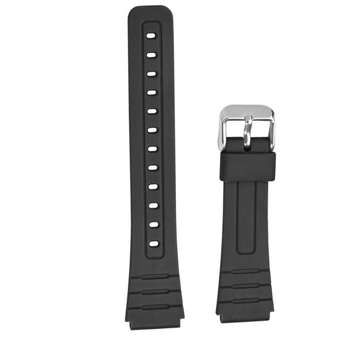 Schwarzes Gummi-Uhrenarmband mit silberner Schnalle, von vorne und hinten auf weißem Hintergrund dargestellt.