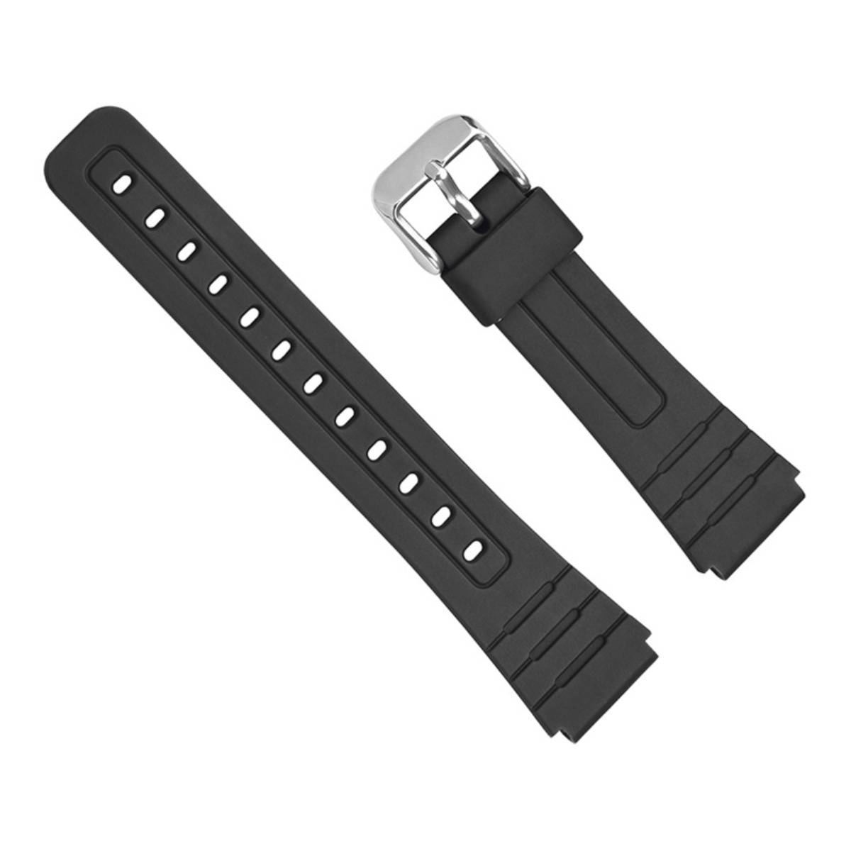 Schwarzes Gummi-Uhrenarmband mit silberner Schnalle, dargestellt als zwei Riemenstücke auf weißem Hintergrund.