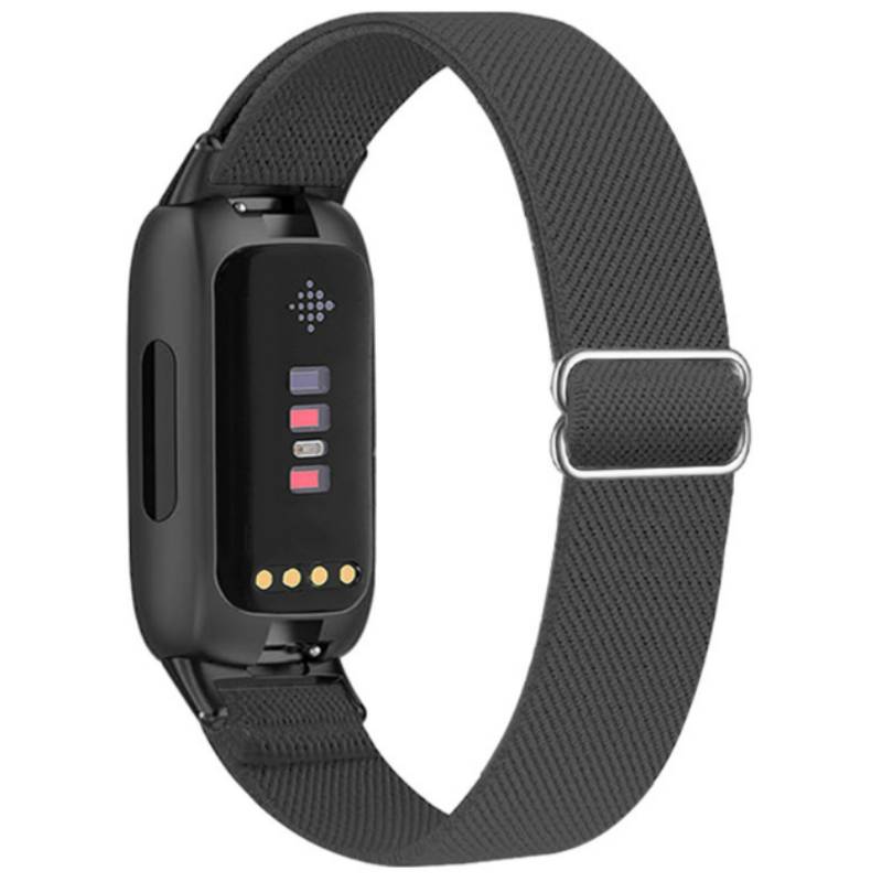 Schwarzes Fitness-Tracker-Armband mit verstellbarem Stoffarmband und rechteckigem Display mit Statusleuchten und Symbolen