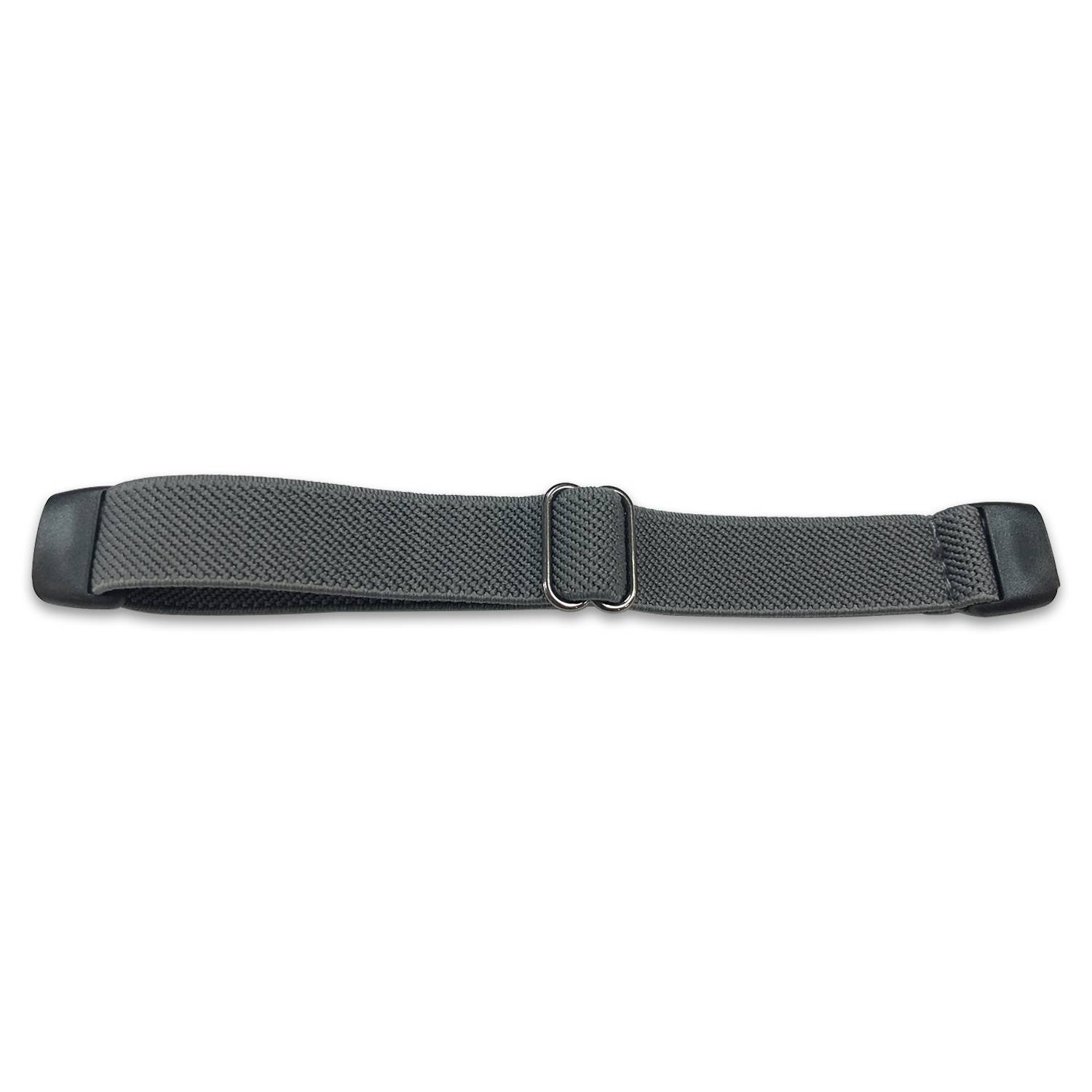 Graues Nylon-Gewebeband mit schwarzen Endkappen und einer zentralen Metallschnalle auf weißem Hintergrund.