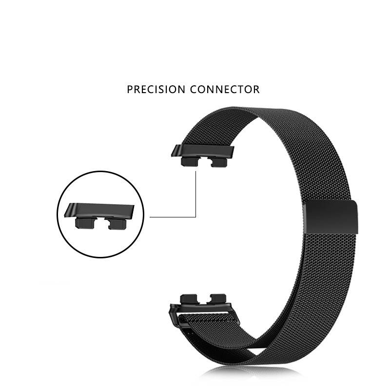 Schwarzes gewebtes Armband mit einer "PRECISION CONNECTOR""-Beschriftung, die die Riemenenden und eine Nahaufnahme des Verschlussmechanismus zeigt.