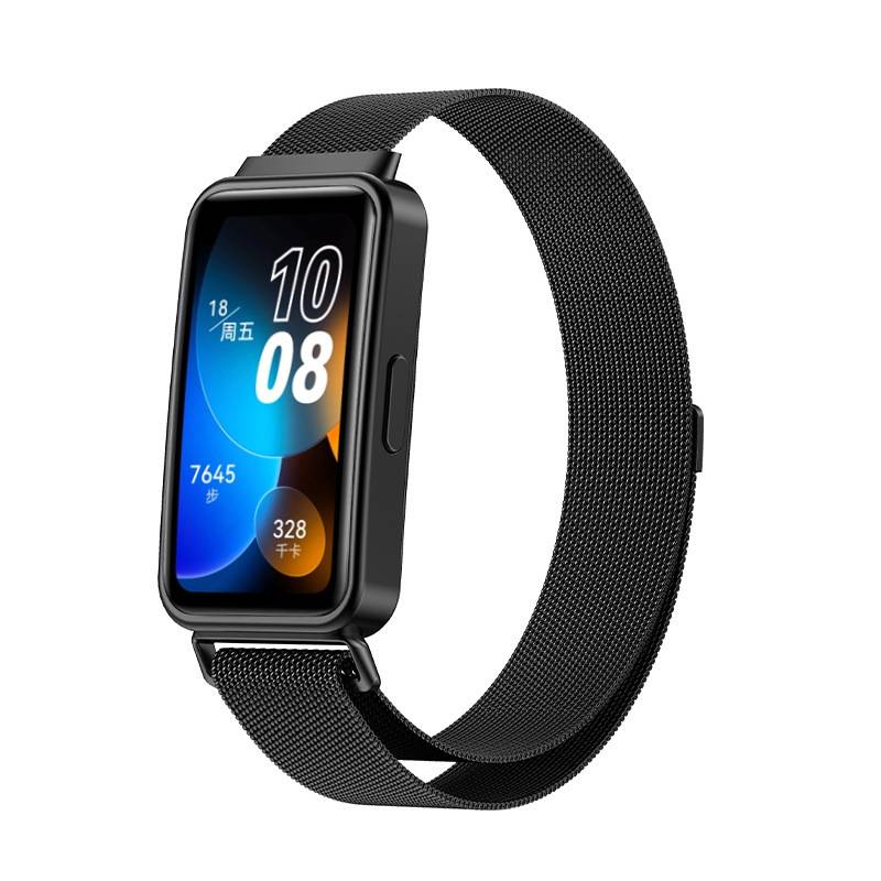 Schwarze rechteckige Smartwatch mit Netzarmband, die die Zeit 10:08 und das chinesische Datum, Schritte und Kalorien auf einem blau-orangefarbenen Bildschirm anzeigt.