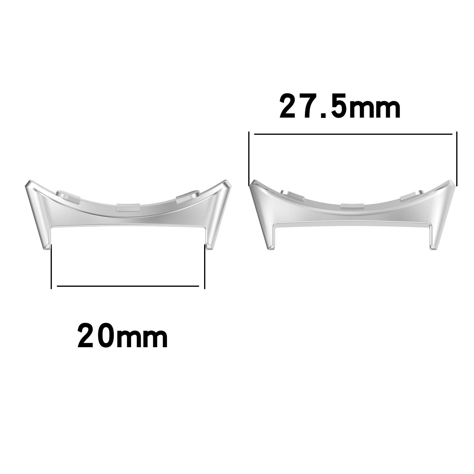 Diagramm, das ein gekrümmtes silberfarbenes Teil mit beschrifteten Abmessungen zeigt: 27,5 mm breit und 20 mm hoch.