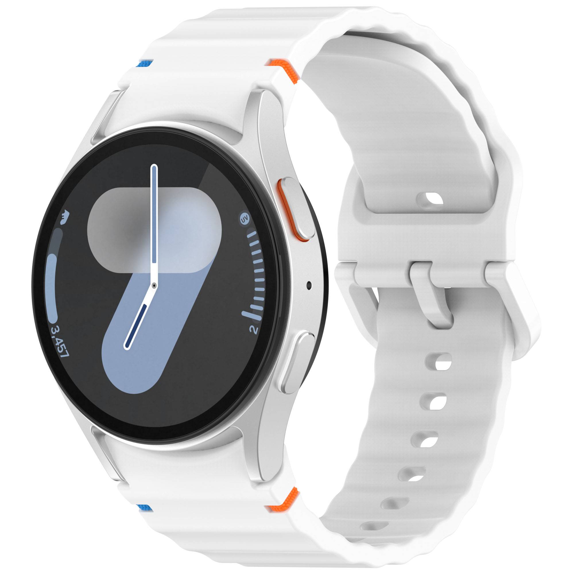 Weiße Smartwatch mit rundem schwarzem Zifferblatt und weißem Silikonarmband, in Seitenansicht auf einfachem Hintergrund dargestellt.